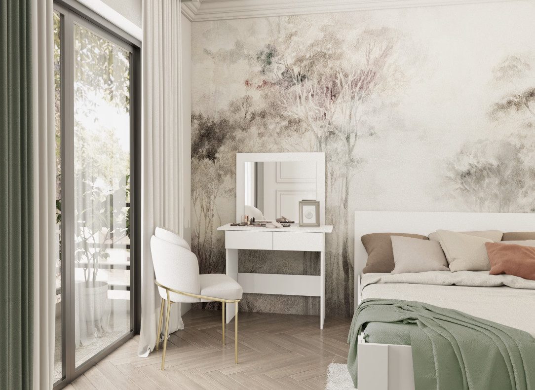 MOEBLO Schminktisch RIN (mit LED-Beleuchtung und Spiegel, Kosmetiktisch mit 2 Schubladen, modern, Weiß / Eiche Sonoma, Frisiertisch, Schminktisch, Kosmetiktisch, Spiegel), (BxHxT): 94x145x43 cm, Großer Spiegel 60 x 70 cm