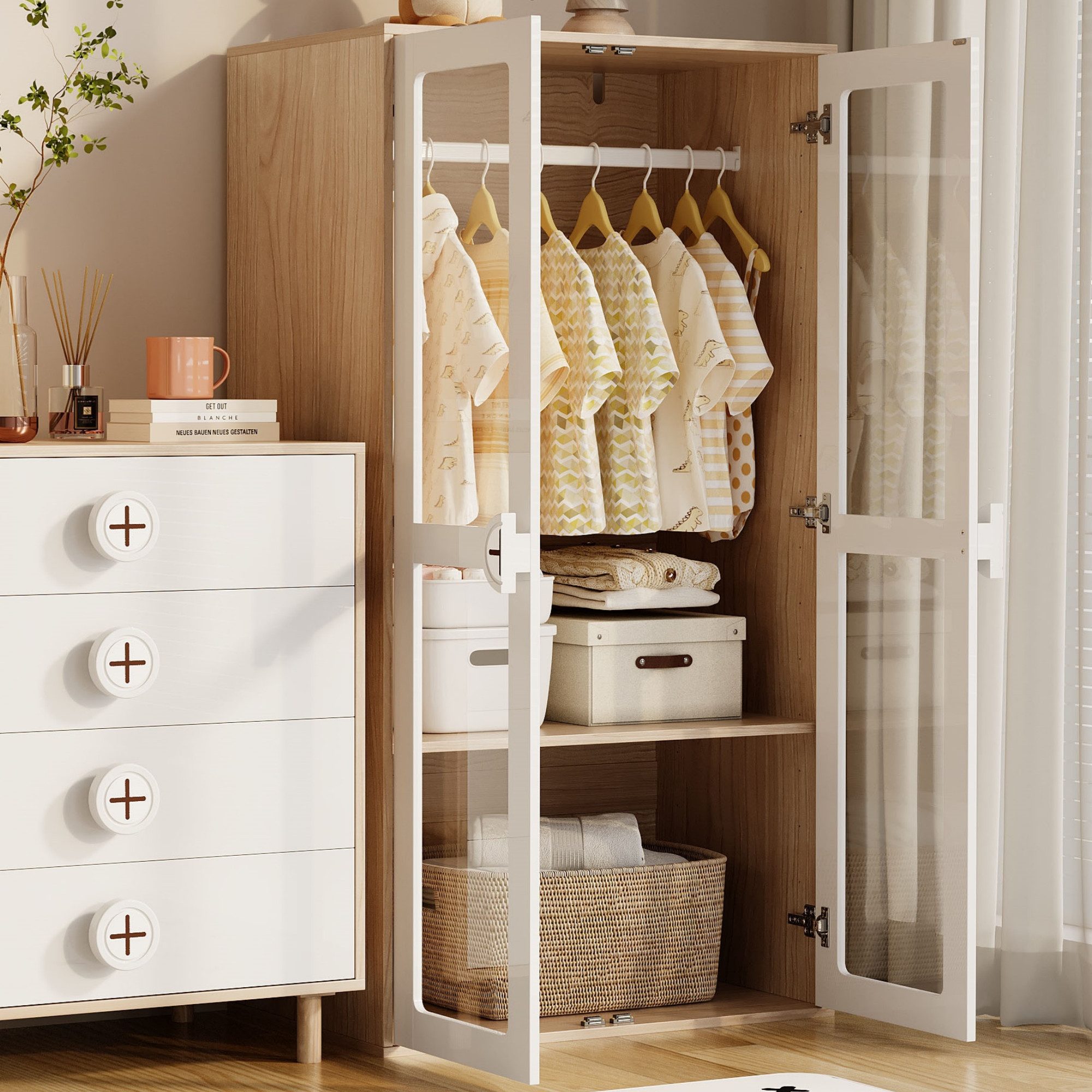 MODFU Kleiderschrank mit Glas-Türen, Umfallschut (Flurschrank, günstig online kaufen