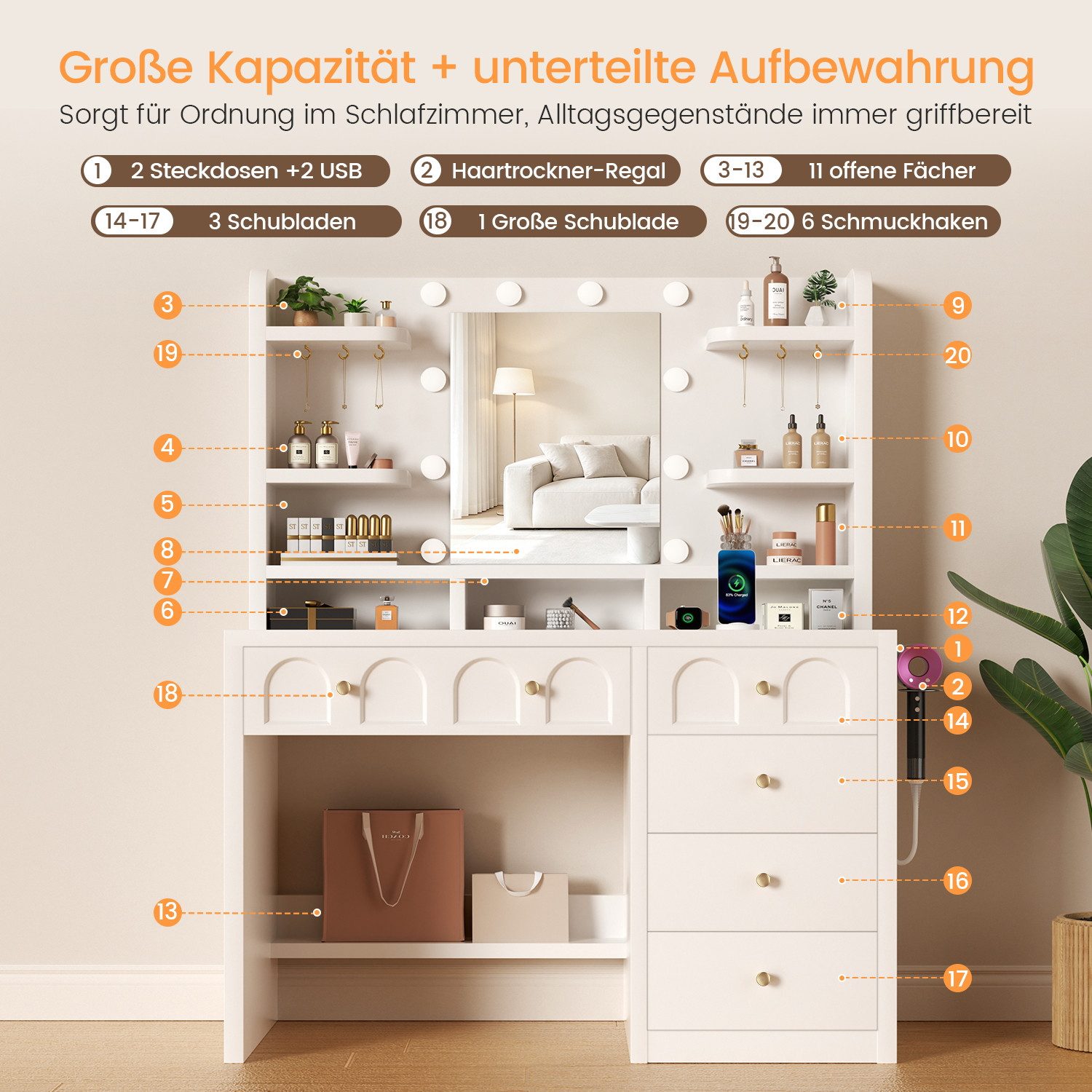 Lexzurn Schminktisch Schminktisch mit LED-Beleuchtung, Kosmetiktisch mit Spiegel, 4 Schubladen+6 offene Fächer, Helligkeit verstellbar, 92.6x132x36 cm