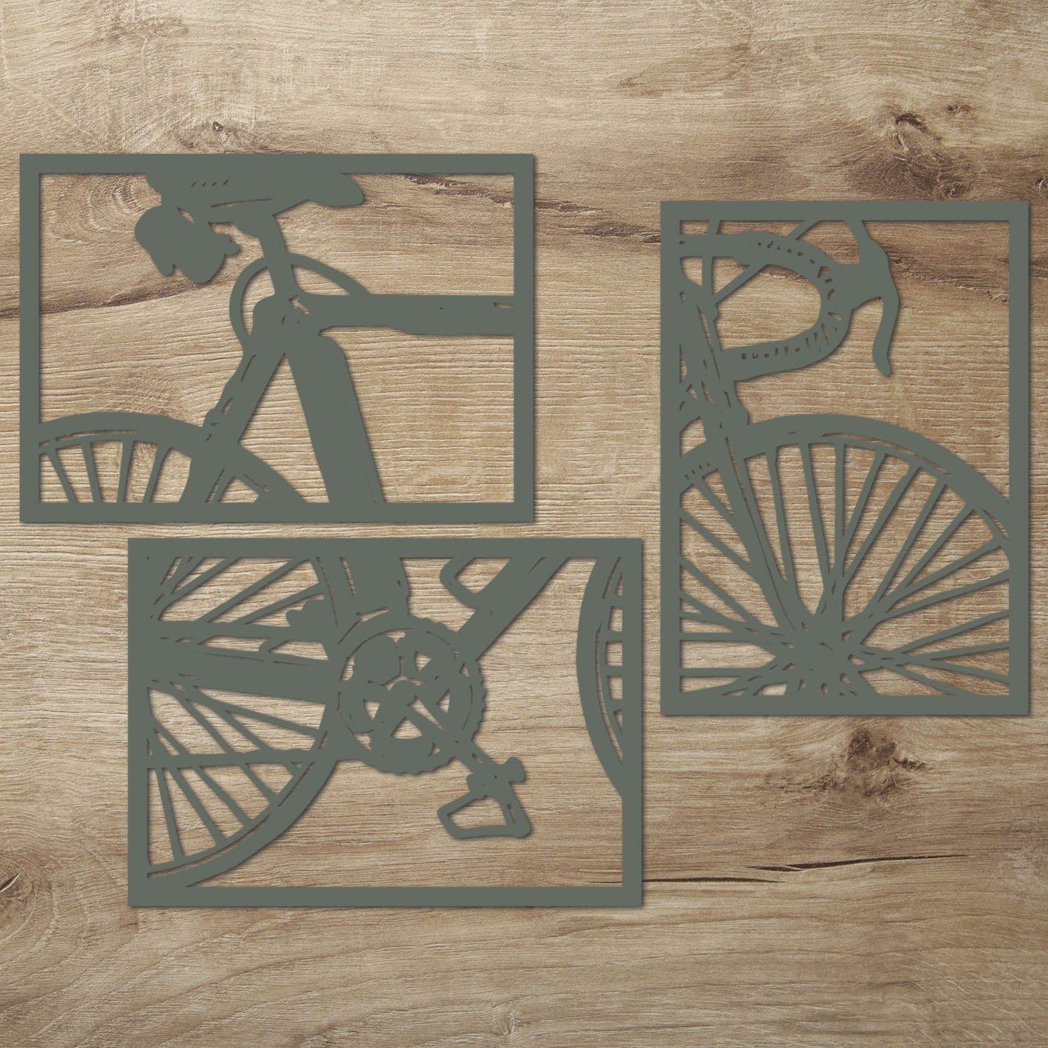 (3-teilig), Wandbild XXL Grau Dein für Holz aus Fahrrad Holz-Wandtattoo Namofactur zuhause Wanddekoobjekt Außergewöhnliches