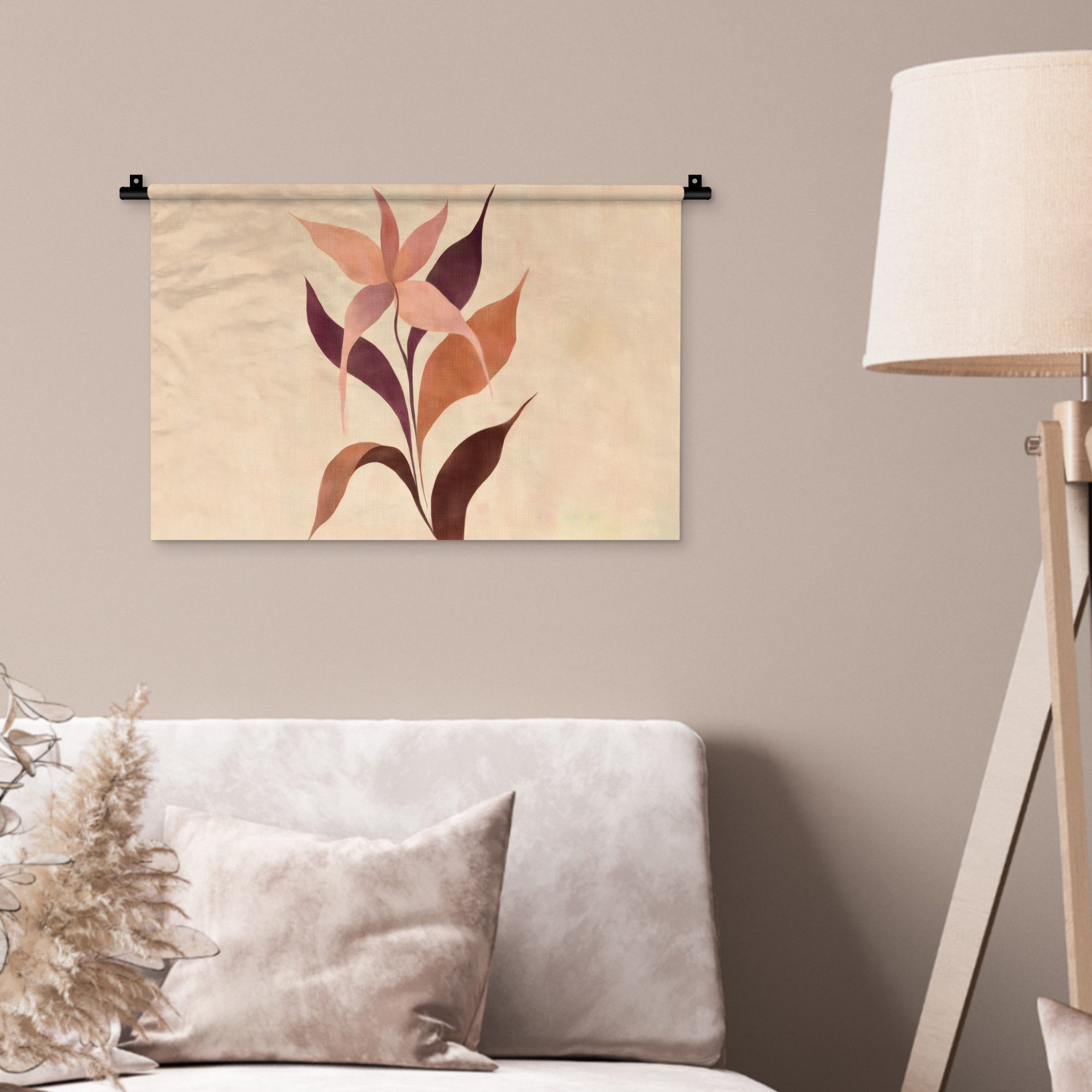 MuchoWow Wandteppich Minimalistisch - Blume - Blätter - Beige, Rechteckig, Höhe: 3 mm, Wandteppich für Wohnzimmer, Schlafzimmer, 60x40 cm