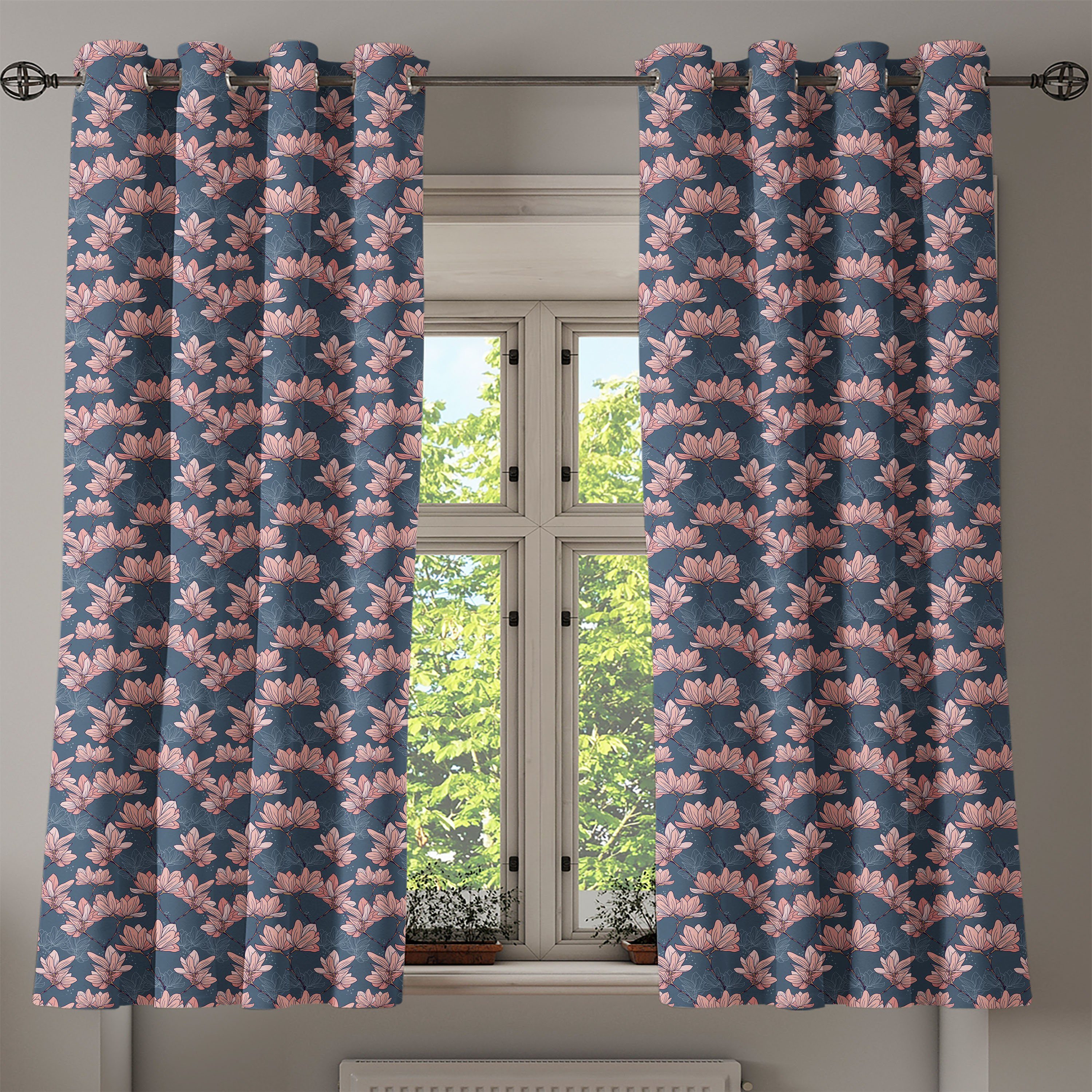 Japan Abakuhaus, für Wohnzimmer, Dekorative Blumen Schlafzimmer Magnolia Gardine Blumen 2-Panel-Fenstervorhänge