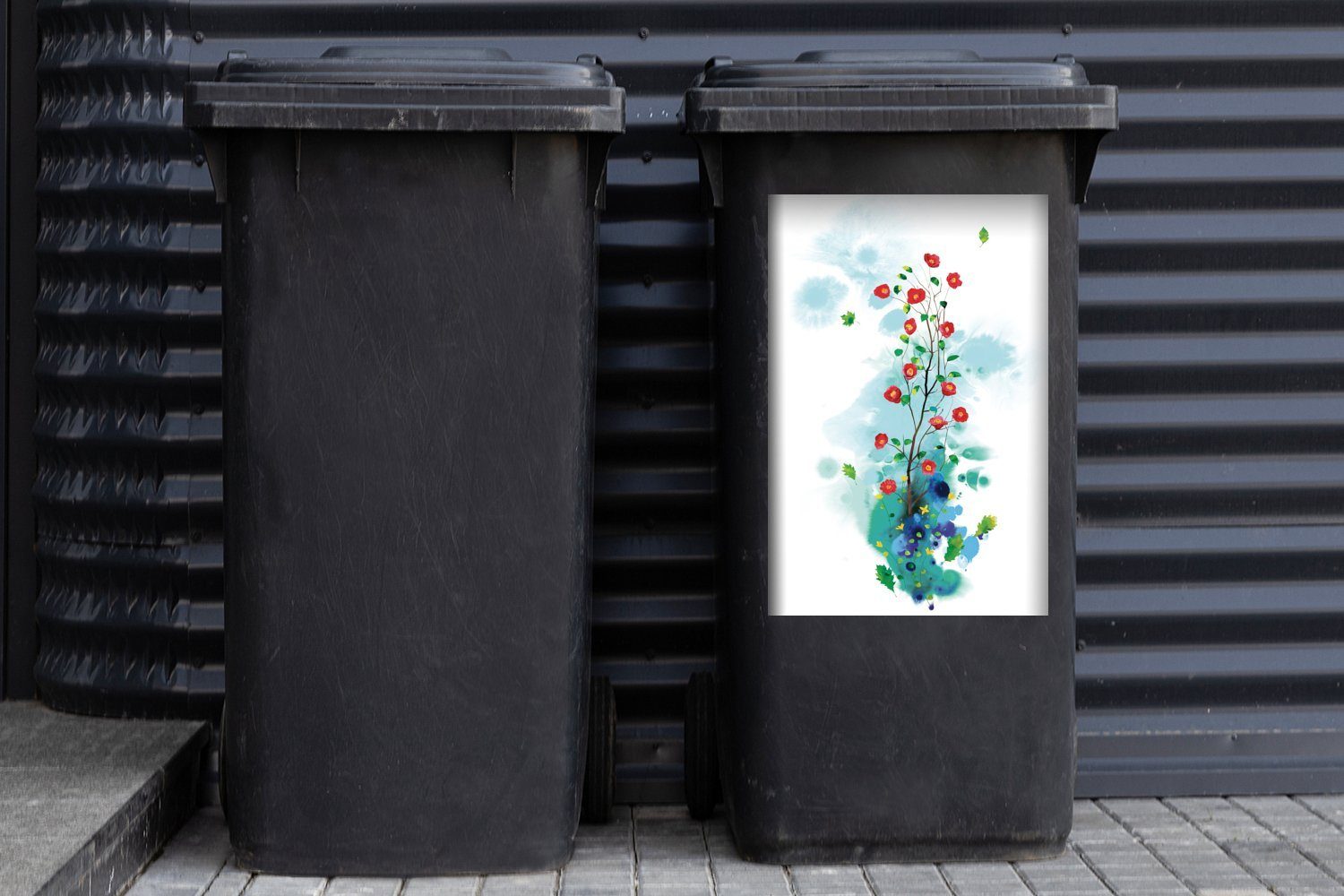 Wandsticker von Mülleimer-aufkleber, St), Blumen weißem (1 Hintergrund Container, auf Sticker, Kunst Abfalbehälter MuchoWow Illustration Mülltonne,