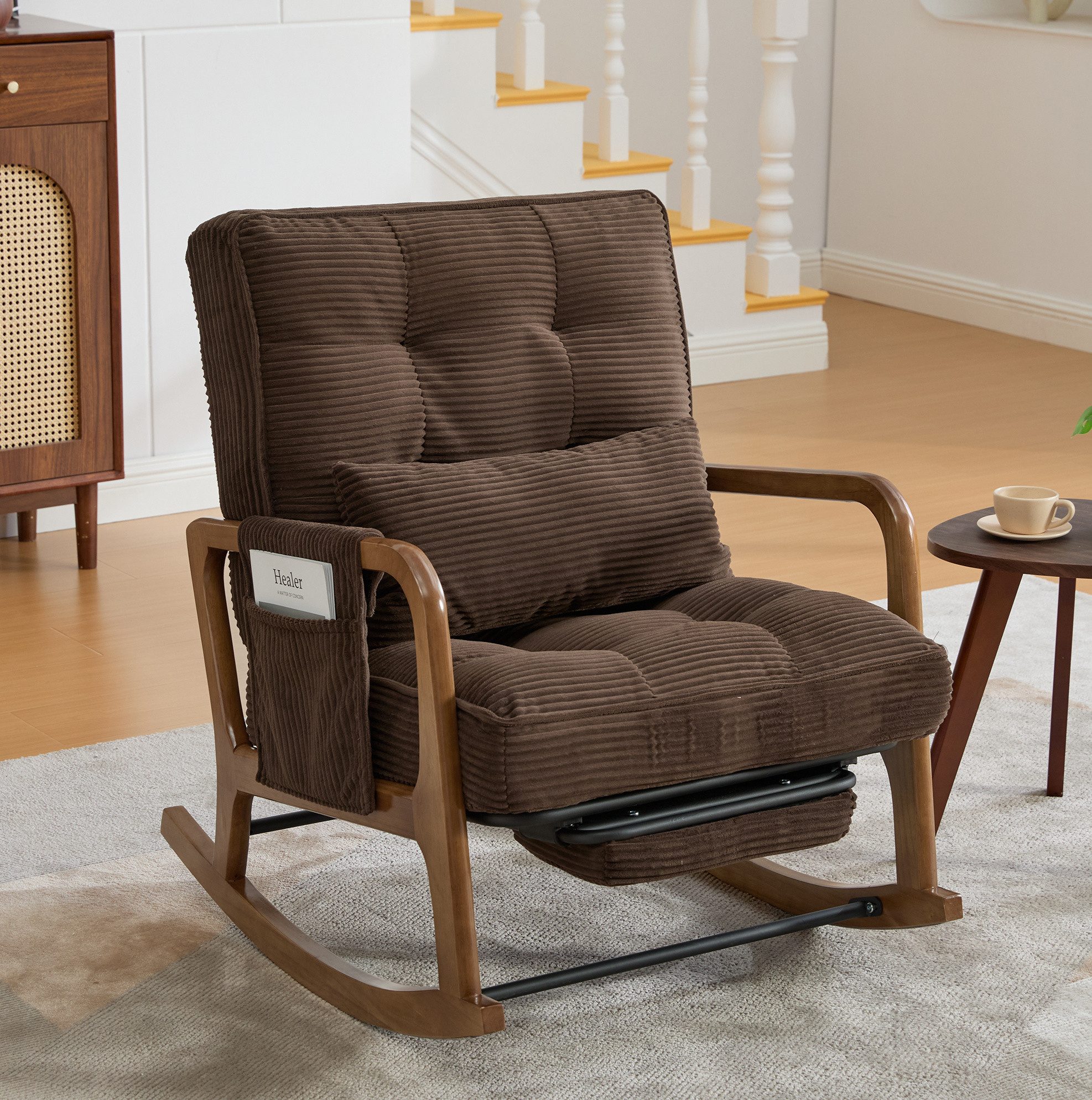 OKWISH Loungesessel Schaukelstuhl (mit verstellbarer Lehne, Fußstütze und praktischen Seitentaschen), Relaxsessel Polstersessel