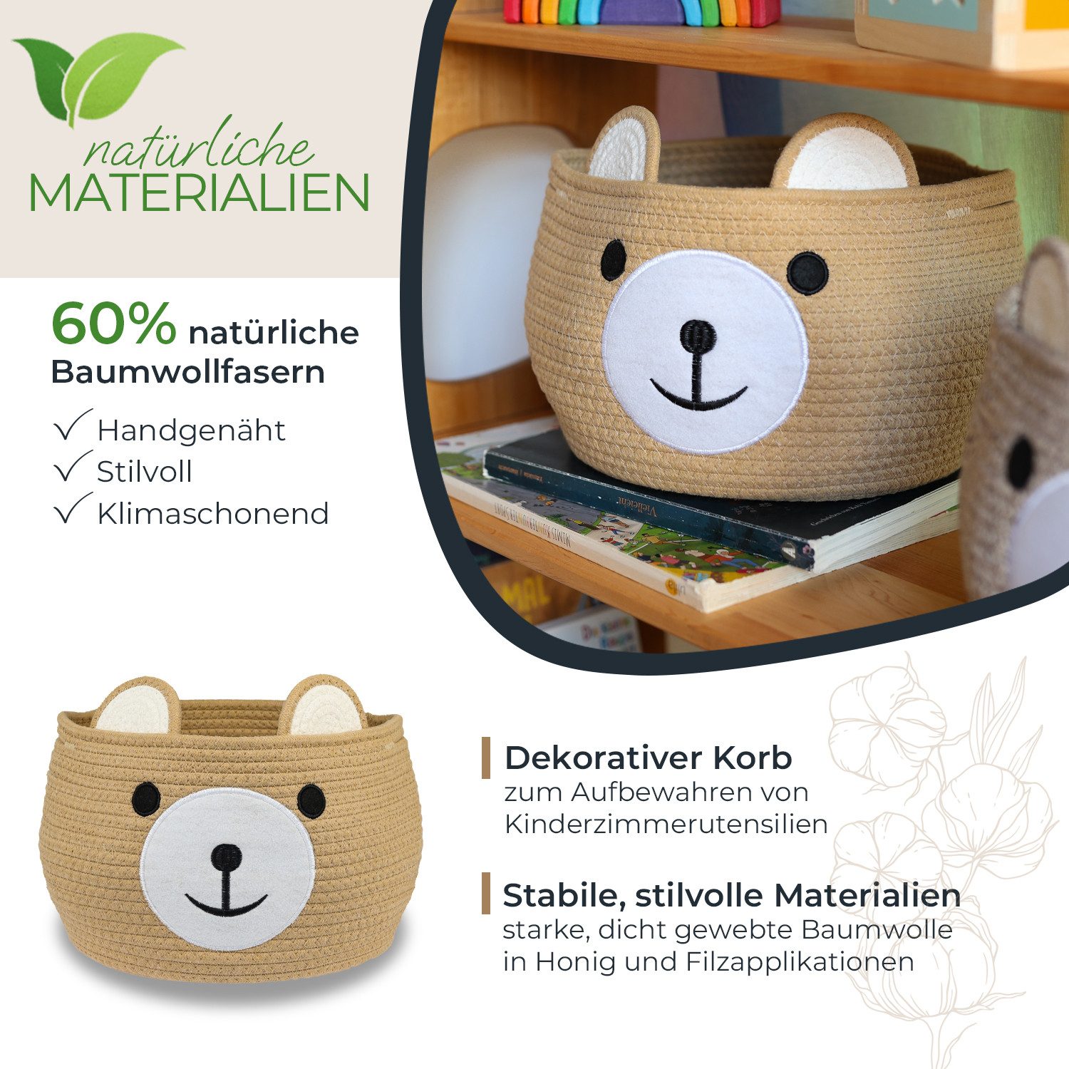 HMF Aufbewahrungskorb Aufbewahrungskorb mit versteckten Griffen, Korb für Kinderzimmer aus Baumwolle, Bär, Honig