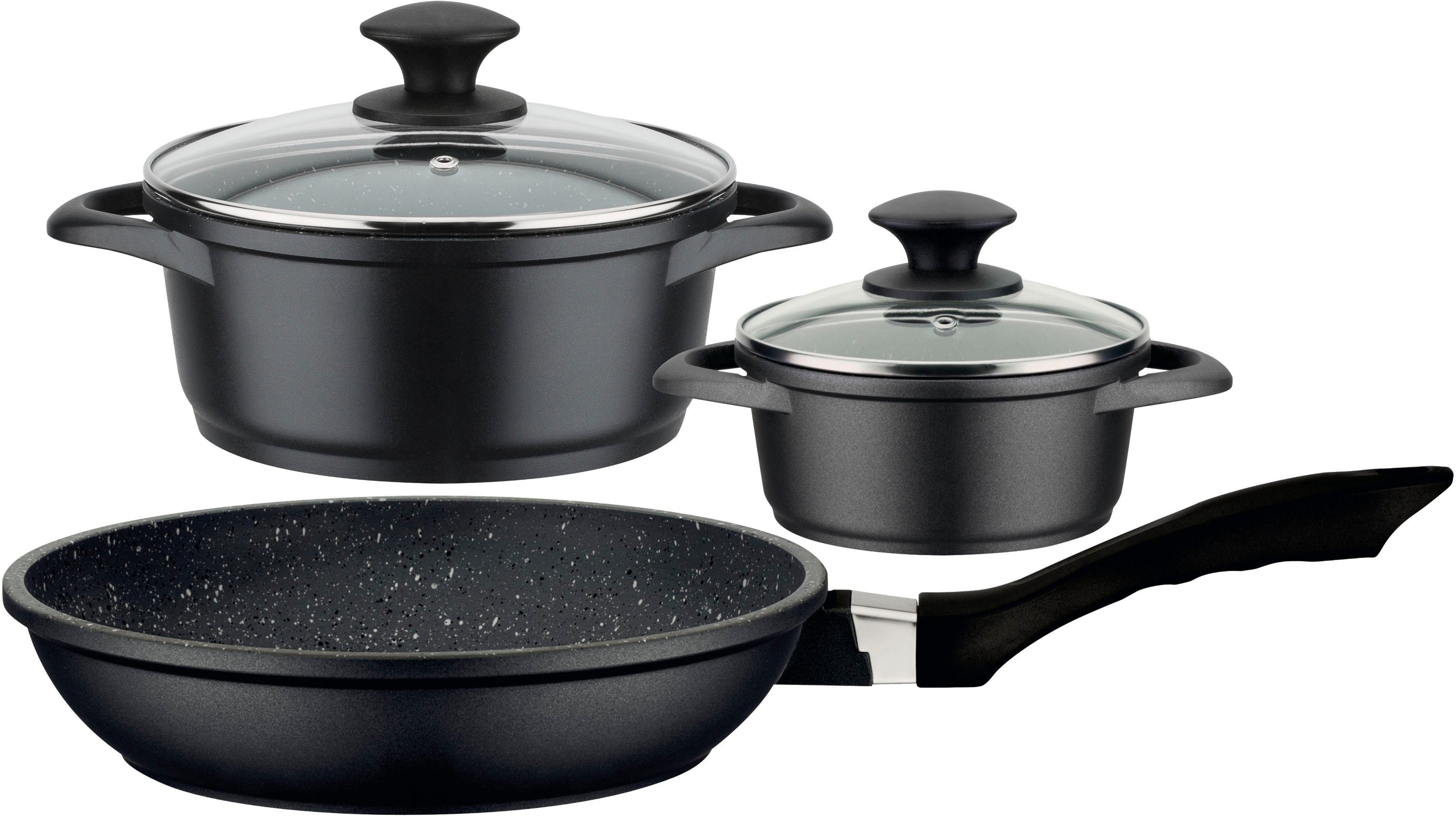 GSW Topf-Set Gourmet Granit, Aluminiumguss (Set, 5-tlg., 1 Kochtopf 16 x H 7,5 cm, 1 Kochtopf 20 x H 9,0 cm, 1 Bratpfanne 24 cm), VITAFLON® GRANIT Antihaft-Versiegelung, Granit-Design, Induktion