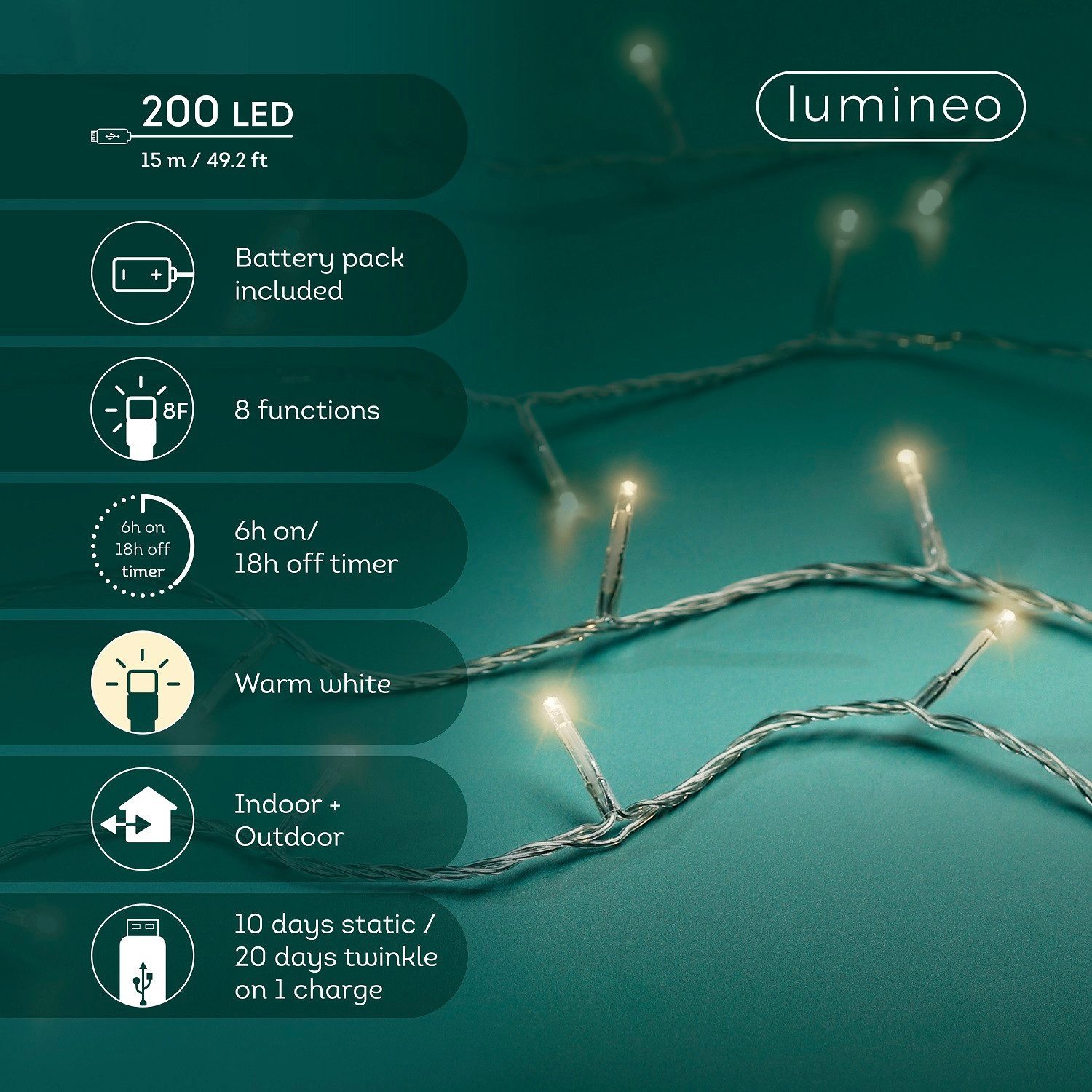 Lumineo LED-Lichterkette Lumineo, USB Lichterkette BASIC Twinkle, 200 LED 15 m, warm weiß, Indoor/Outdoor, 8 Funktionen, 6h-Timer, wiederaufladbar