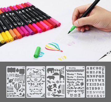 Homewit Filzstift 36 Farben Dual Brush Pen Marker mit 5 Schablonen + 1 Wassertankpinsel, (Set, 36-tlg), Kunst Filzstift Set für Manga, Kalligraphie, Malen