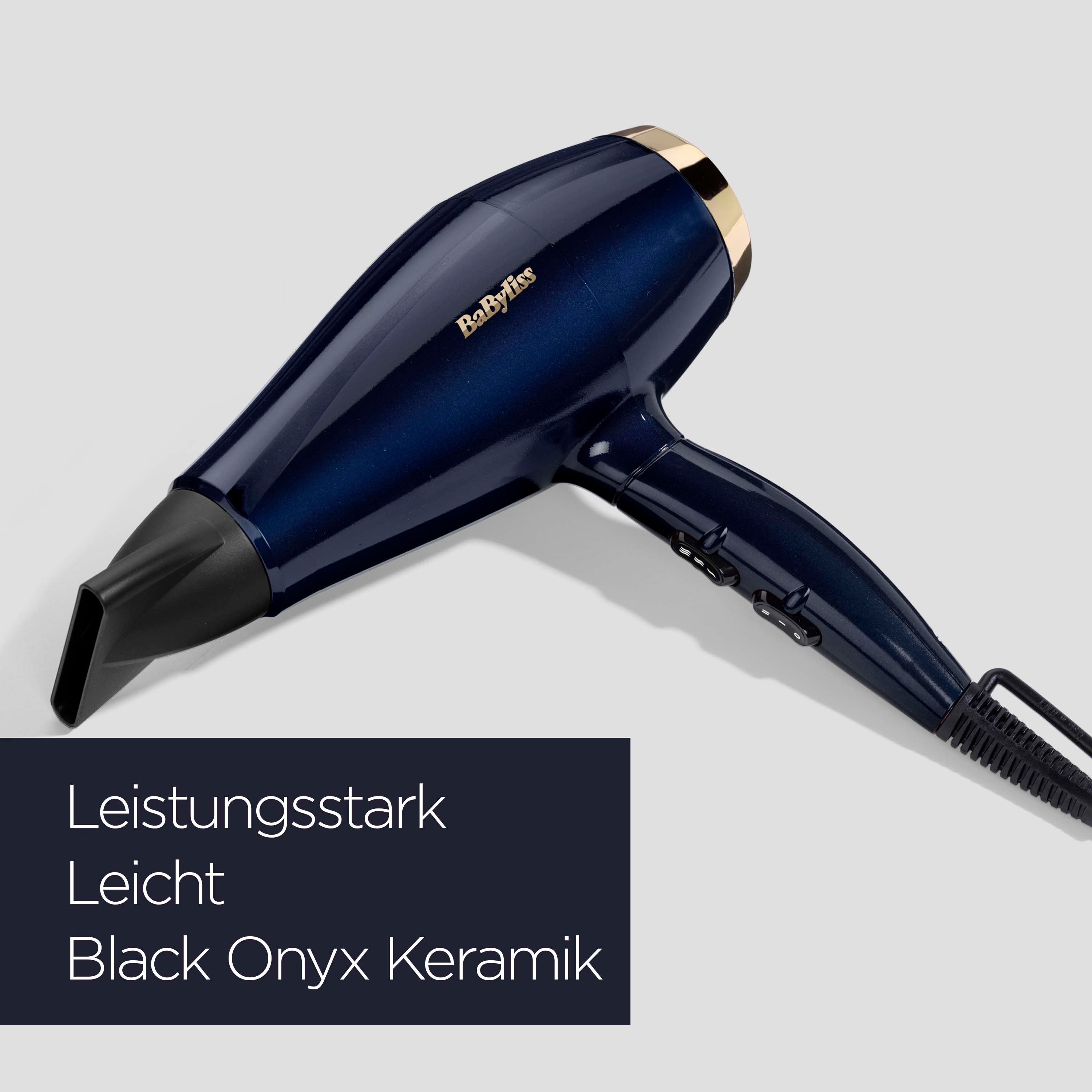 BaByliss Haartrockner BaByliss Black Onyx Haartrockner mit Ionen-Technologie, 5911E, 2100 W, 20 % schnelleres Trocknen, Föhn mit Aufsatz, besonders leicht