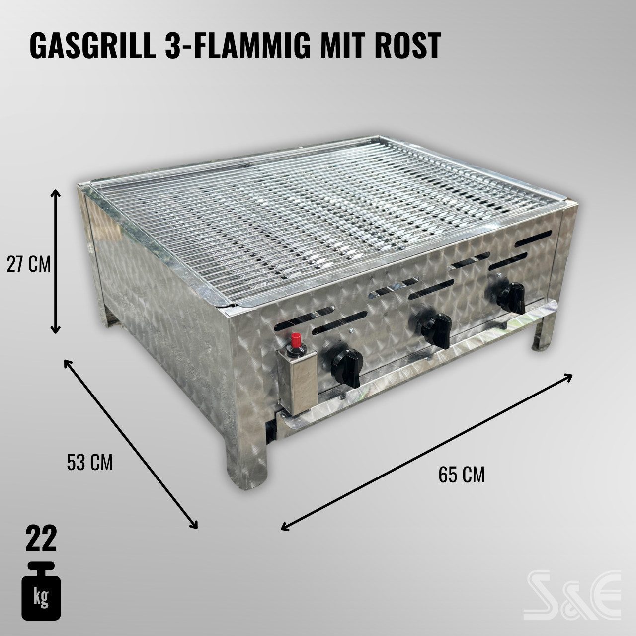 BlueCraft Gasgrill 3 flammig Brenner Edelstahl Gastrobräter Profi Gastrogasgrill mit Rost, mit Gas Schlauch und Druckminderer Tischgrill robust Made in Germany