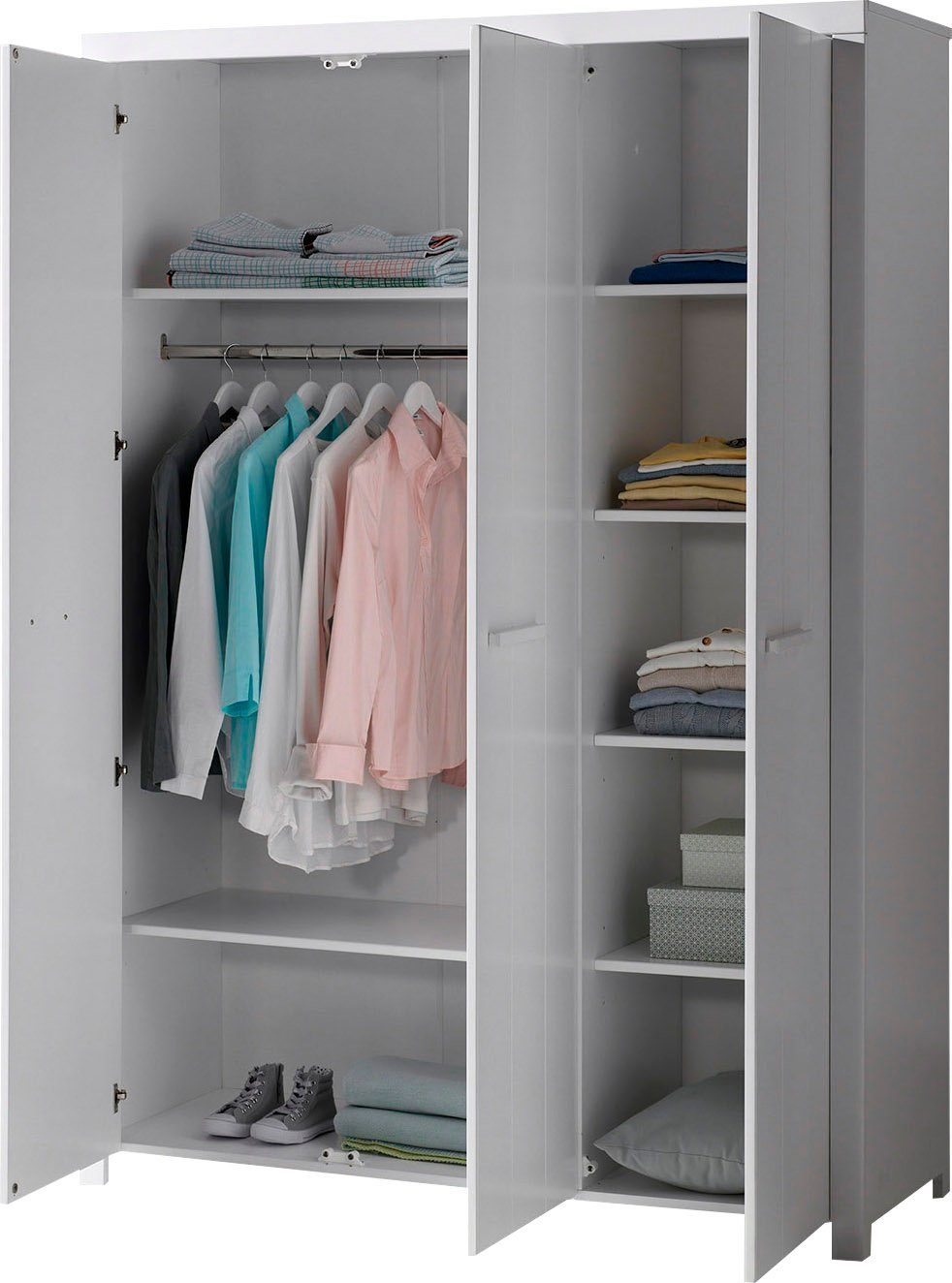 Vipack Kleiderschrank Erik, Kleiderschrank 3-trg. mit viel Stauraum, MDF weiß lackiert (B/H/T ca. 144x205,5x57,5cm, in Landhaus-Optik) geräumiger Schrank inkl. Wäscheeinteilung, Ausf. weiß lackiert