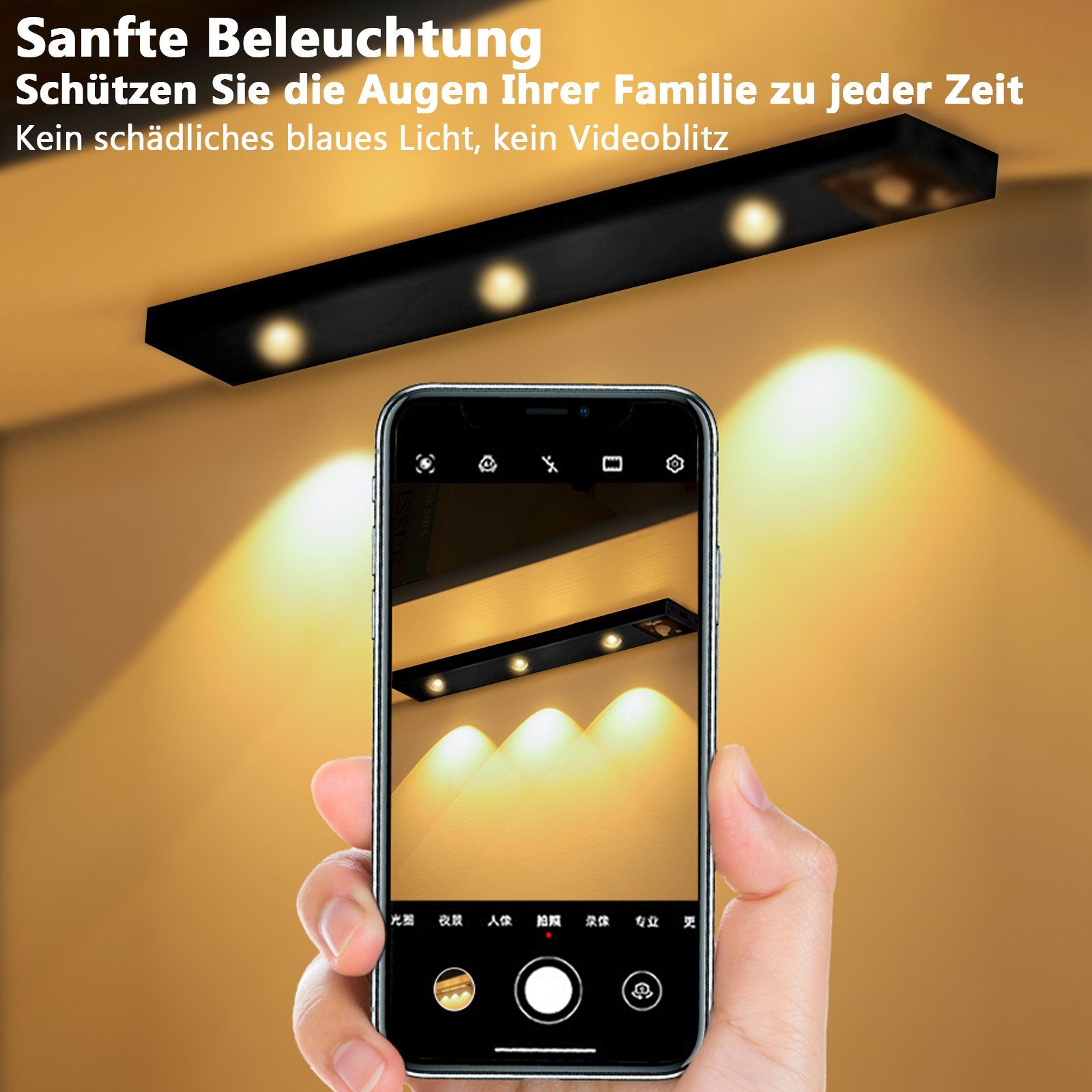 Sunicol LED Bewegungssensor, 3 Warmweiß, Magnetisch, Schwarz kabellos, Unterbauleuchte 4500K für wiederaufladbar, mit Kaltweiß, Dimmbar, Kleiderschrank LED Lichtfarben, Schlafzimmer 6500K Küche 3000K Naturweiß