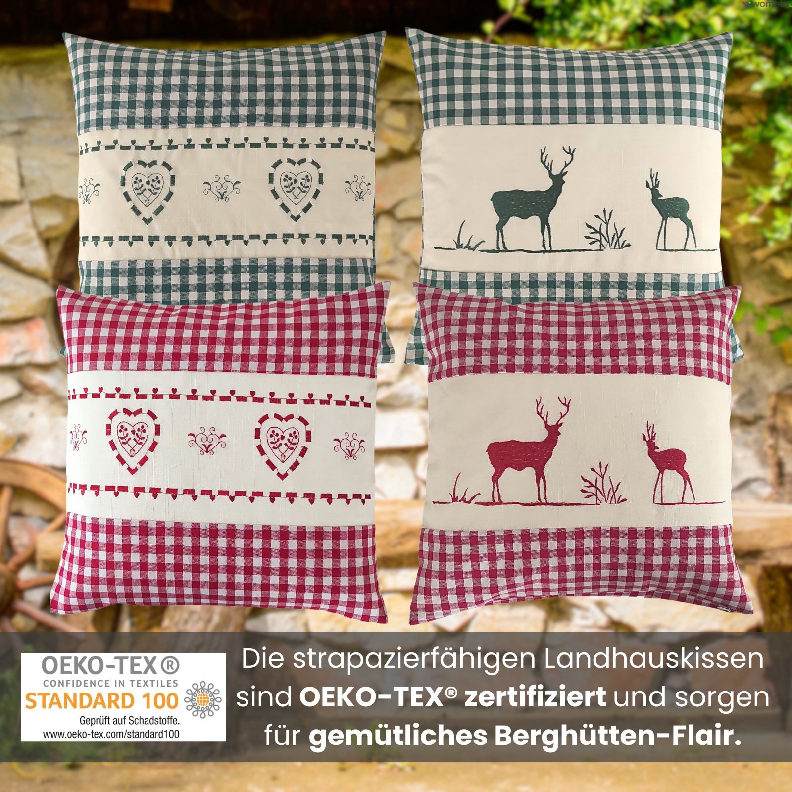 wometo Kissenbezug Landhaus Karo mit Stickerei Herz oder Hirsch, 40x40 cm, OEKO-TEX®, Karo, Herz- & Hirsch-Stickmotiv, Leinen-Look – Bild 5 von 5