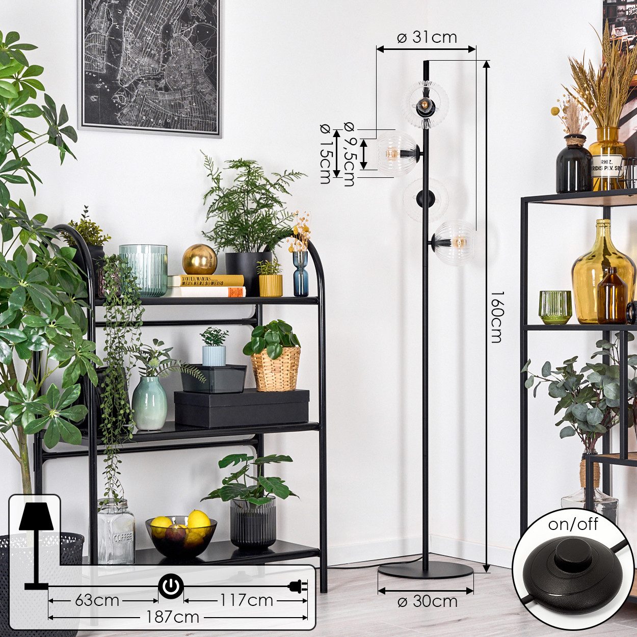 hofstein Stehlampe Stehlampe aus Metall/Riffelglas in Schwarz/Klar, Retro/Vintage-Design, ohne Leuchtmittel, moderne Stehleuchte, Ø Schirme 15 cm, Fußschalter, 160 cm, E14