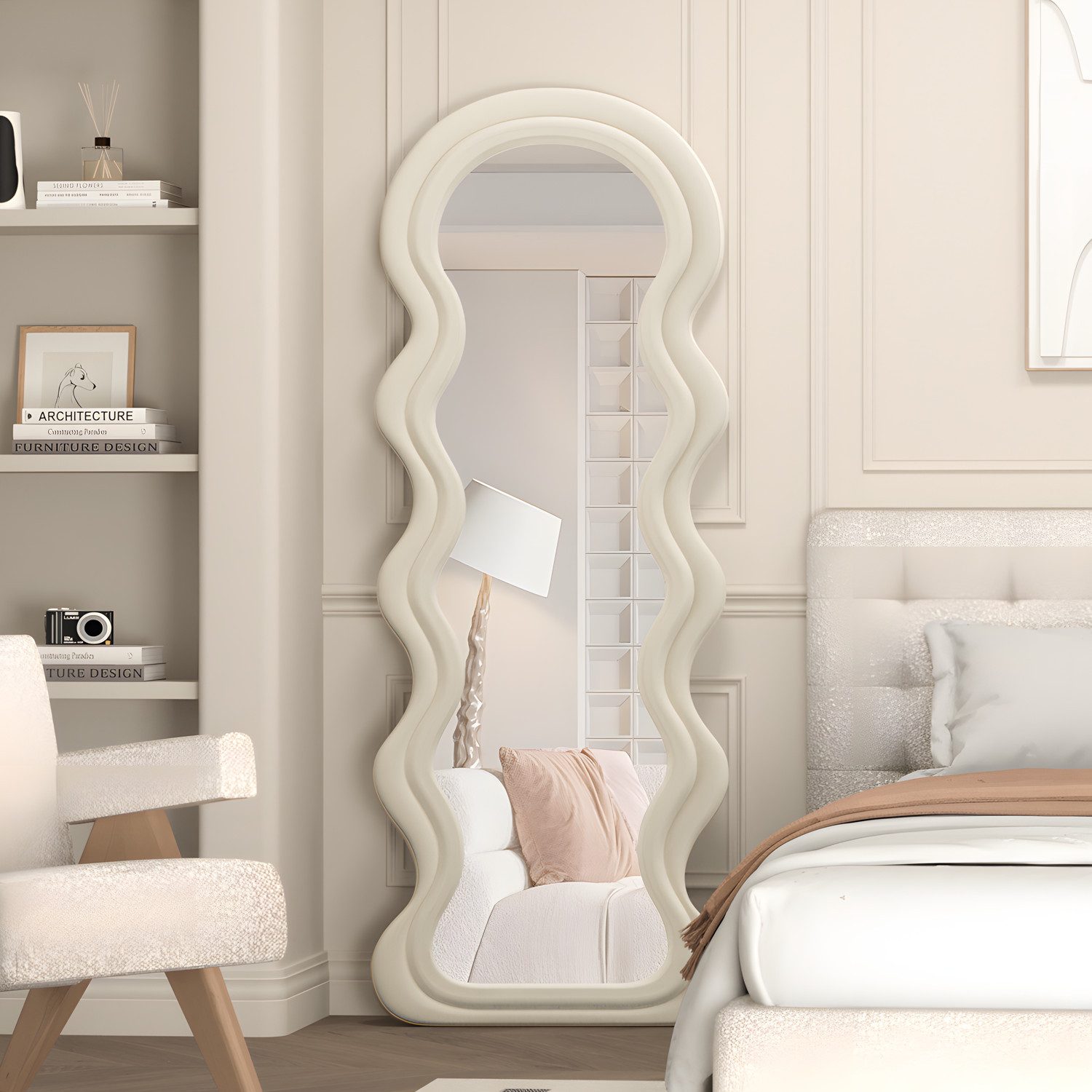 CASSILANDO Ganzkörperspiegel Kreativer Wellenspiegel 63x24", Design mit Holzrahmen, mit weichem Samtstoffrahmen & Sicherheitsglas
