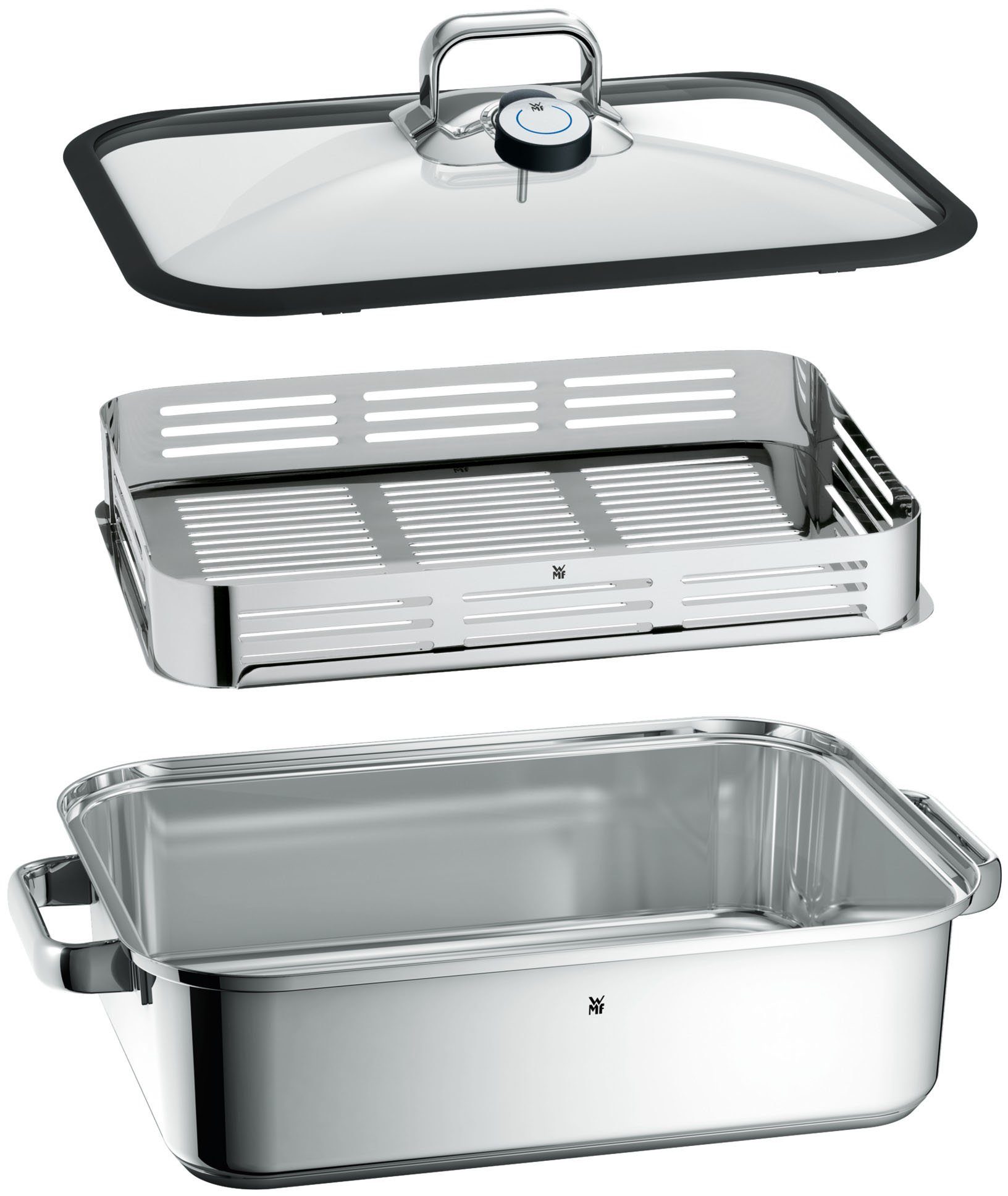 WMF Dampfgartopf Vitalis, Bräter Induktion mit Glasdeckel und Silikonrand, Cromargan® Edelstahl Rostfrei 18/10, Dampfgarer mit integriertem Thermometer, backofengeeignet bis 180 Grad
