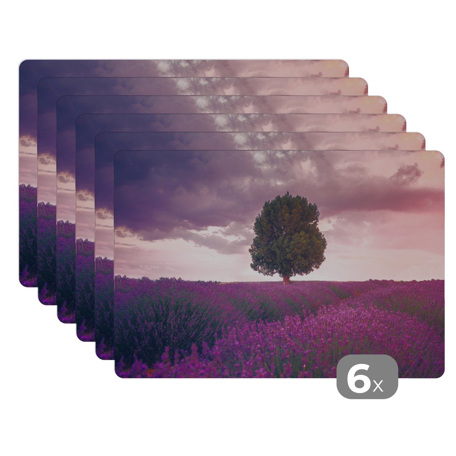 Platzset, Lavendel Blumen Natur, Baum - Schmutzabweisend - Platzset, - Tischmatten, Platzmatte, Platzdecken, - MuchoWow, (6-St), Lila