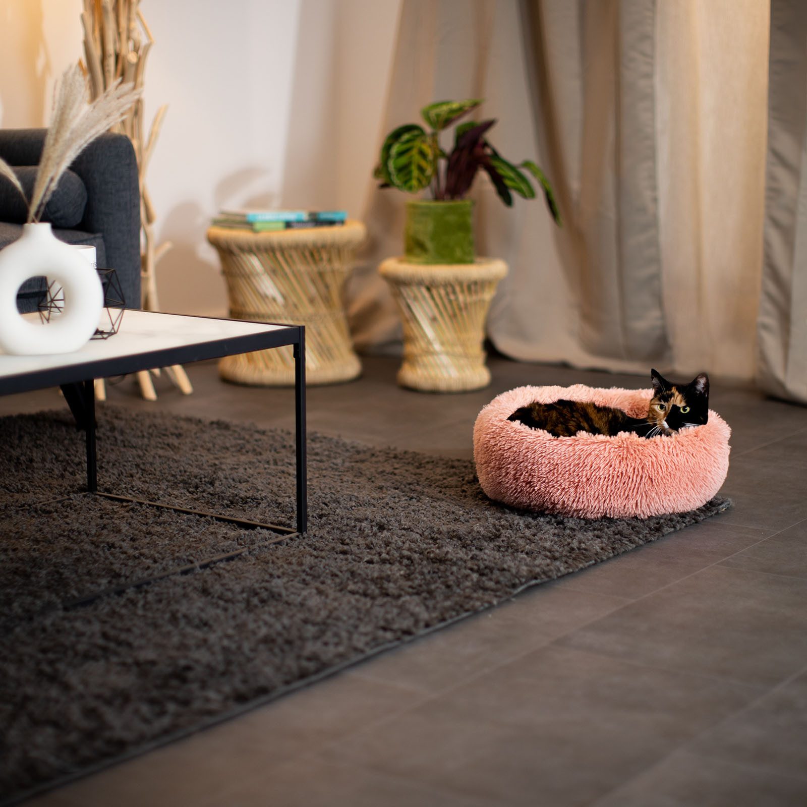 lionto Tierkissen für Katzen, Donutbett mit Plüschbezug, Katzenkissen Ø40 cm, rosa, Plüschbezug, rundes Bett mit Anti-Rutsch-Boden, erhöhter Rand für Geborgenheit
