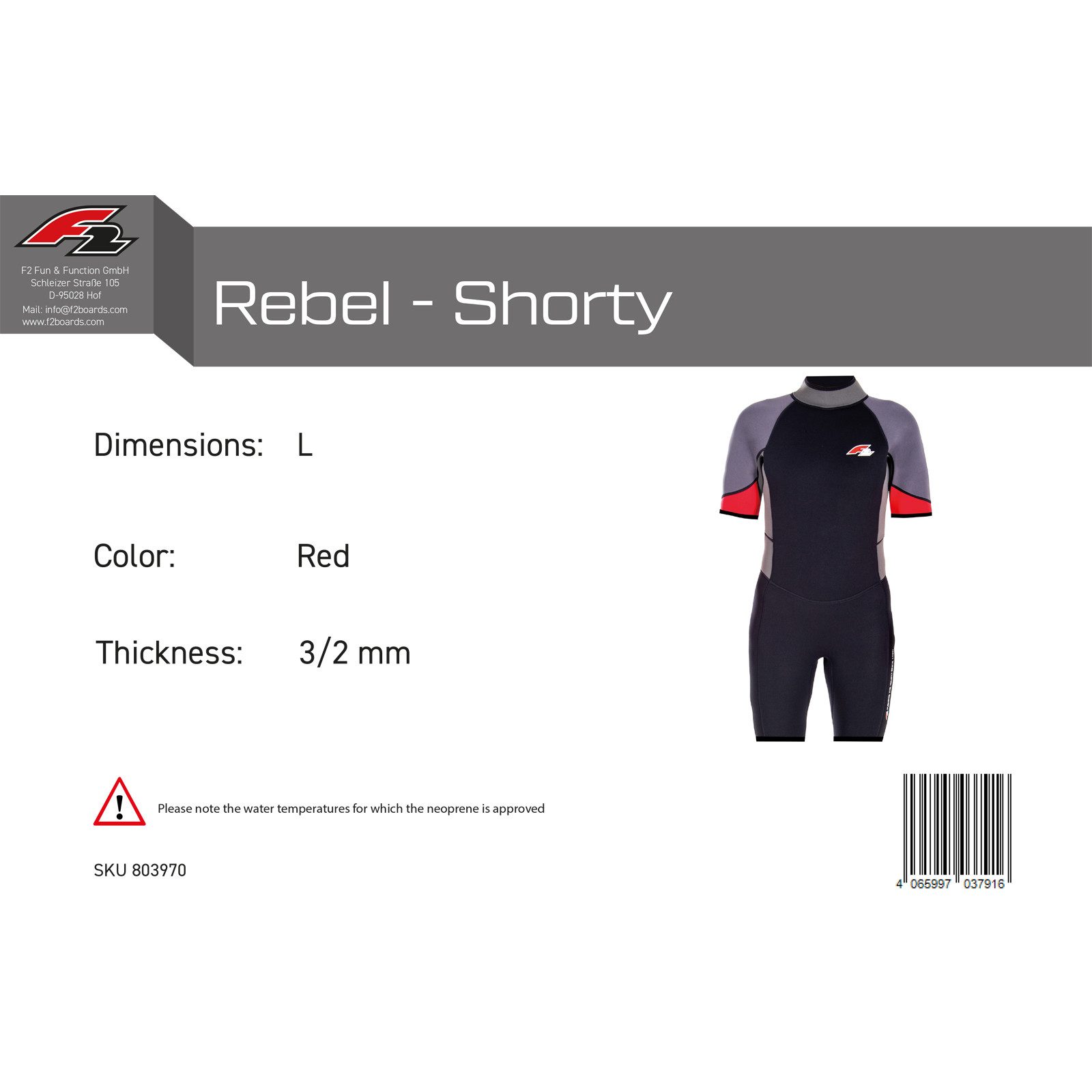 F2 Neoprenanzug F2 Herren Neopren Anzug Rebel - Shorty 3/2 mm L Rot 2024/25