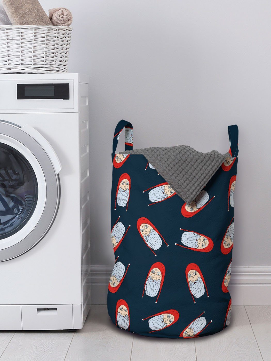 Abakuhaus Wäschesäckchen Wäschekorb mit für Waschsalons, Griffen Bunt Kordelzugverschluss Weihnachtsmann-Köpfe