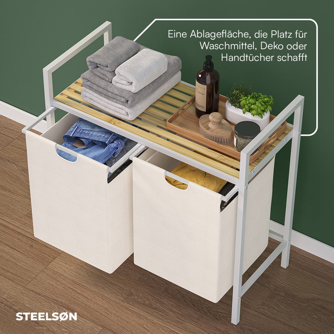 STEELSØN Wäschekorb Rigil aus Metall (2 Fächer (90 L) mit 1 Bambus-Ablage, weiß), auch verfügbar mit 3 oder 4 Fächern, ausziehbar & abnehmbar – Bild 4 von 5