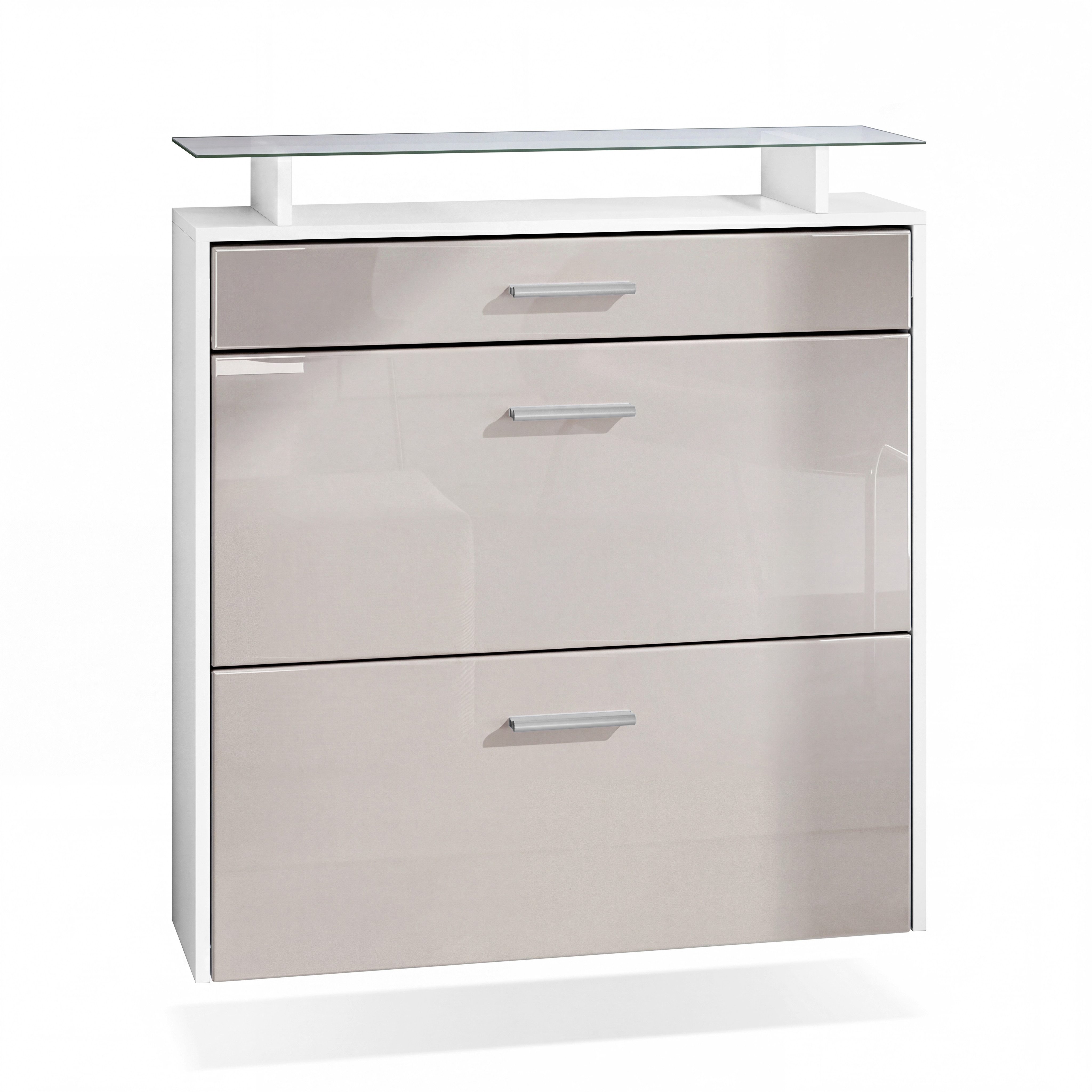 Vladon Schuhschrank Malea (hängender Schuhkipper für 16 Paar Schuhe, mit 2 Klappen und 1 Schublade und Glasablage) Weiß matt/Sandgrau Hochglanz (89 x 96 x 23 cm)