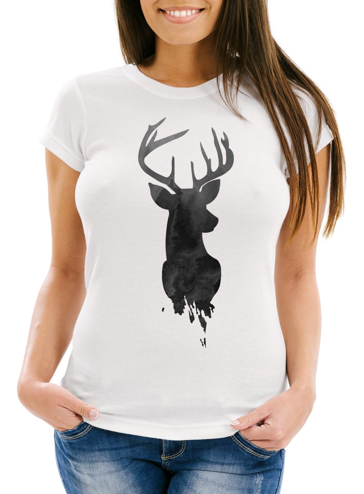 Print-Shirt Damen T-Shirt Hirsch Geweih Kopf Deer Watercolor Polygon Tier Slim