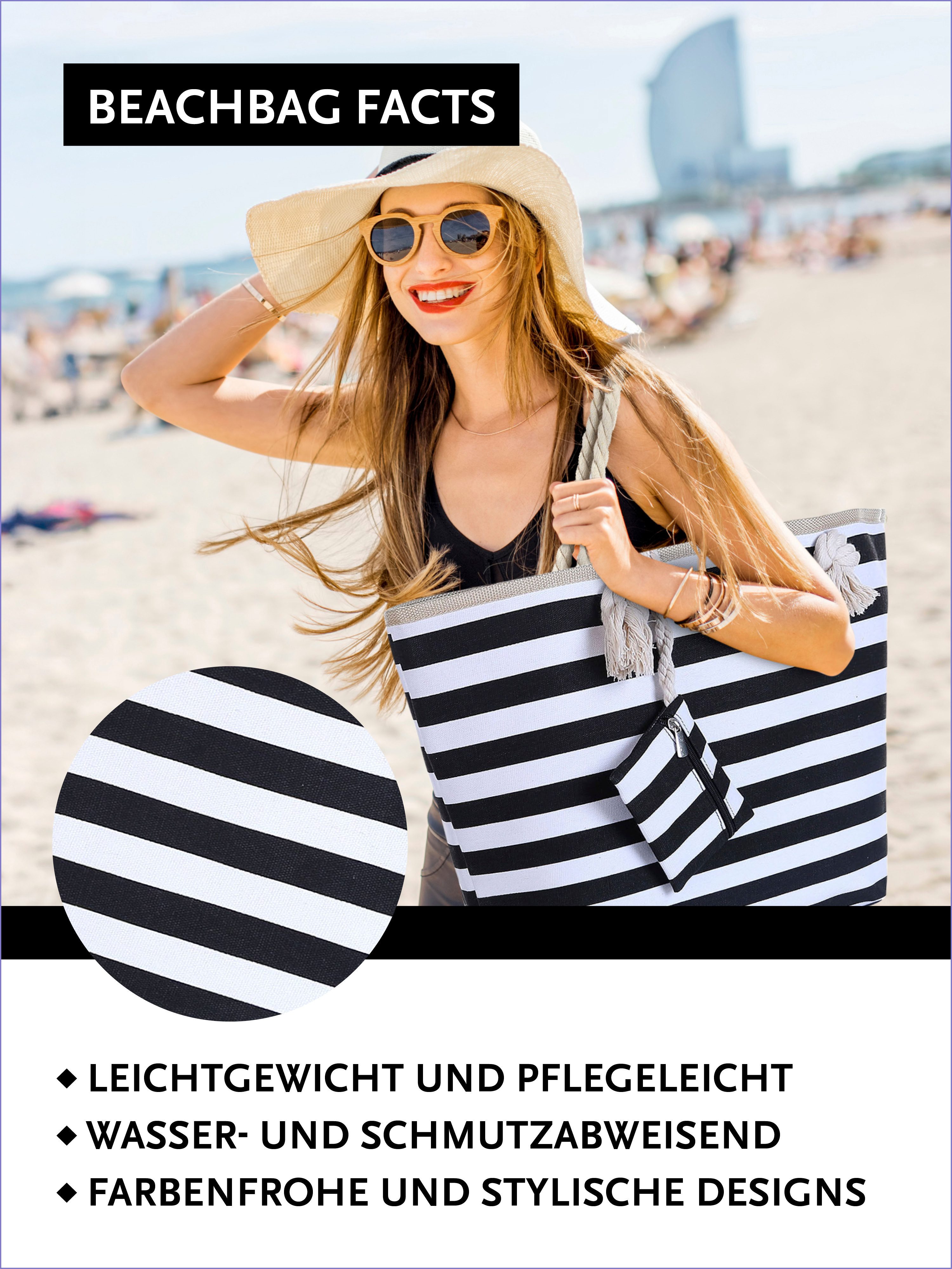 DonDon Strandtasche Shopper Schultertasche Beach Style (2-tlg), Große Strandtasche, mit Reißverschluss, tolle Motive – Bild 4 von 5