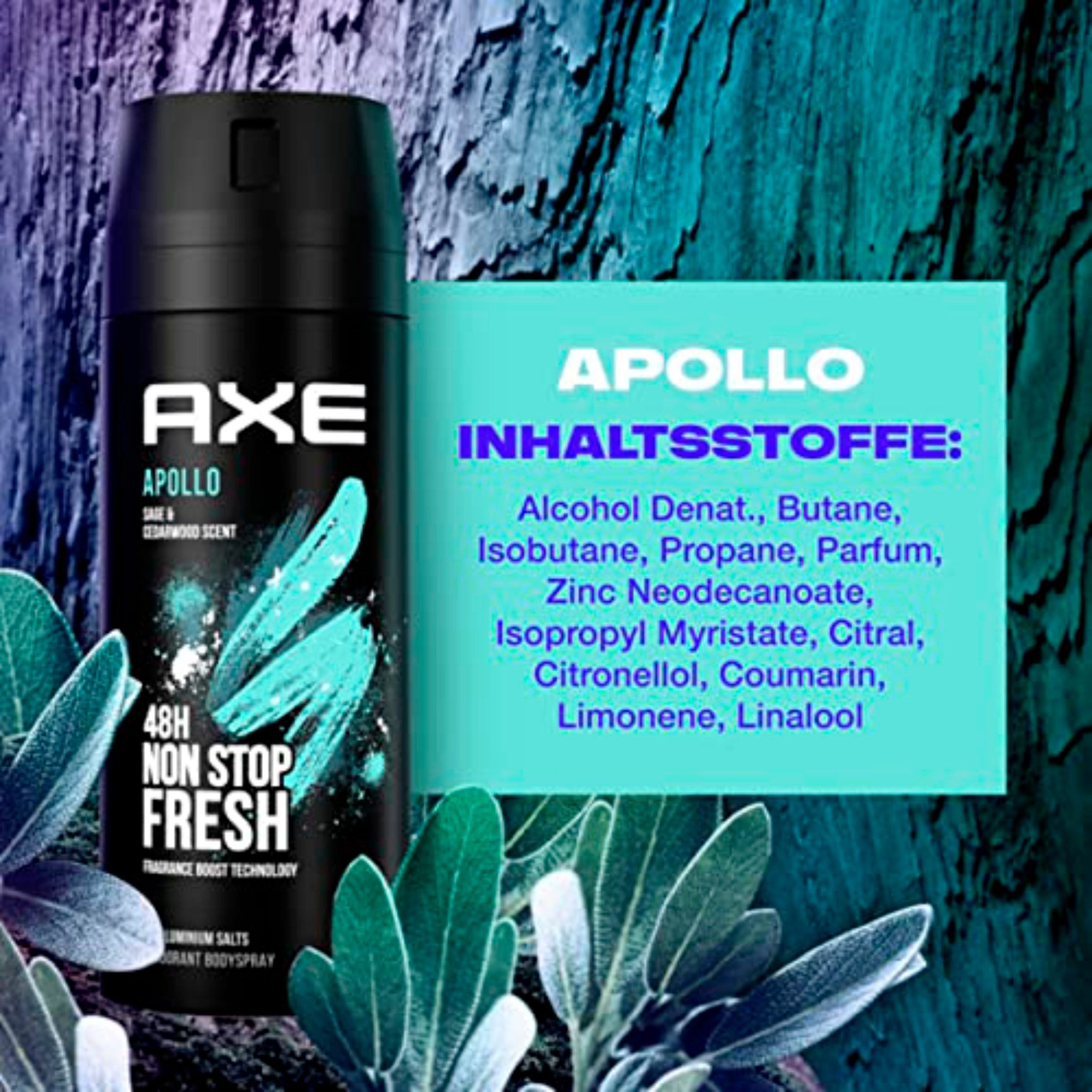 axe Deo-Spray 6x Axe Bodyspray Apollo ohne Aluminiumsalze - 150ml, 6-tlg., bekämpft geruchsbildende Bakterien und unangenehme Gerüche