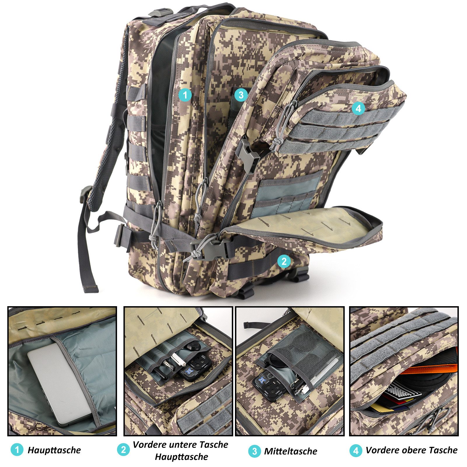 TAN.TOMI Rucksack Taktischer Rucksack 45L Wanderrucksack Militär Rucksack, Für Wandern, Jagd, Trekking und andere Outdooraktivitäten