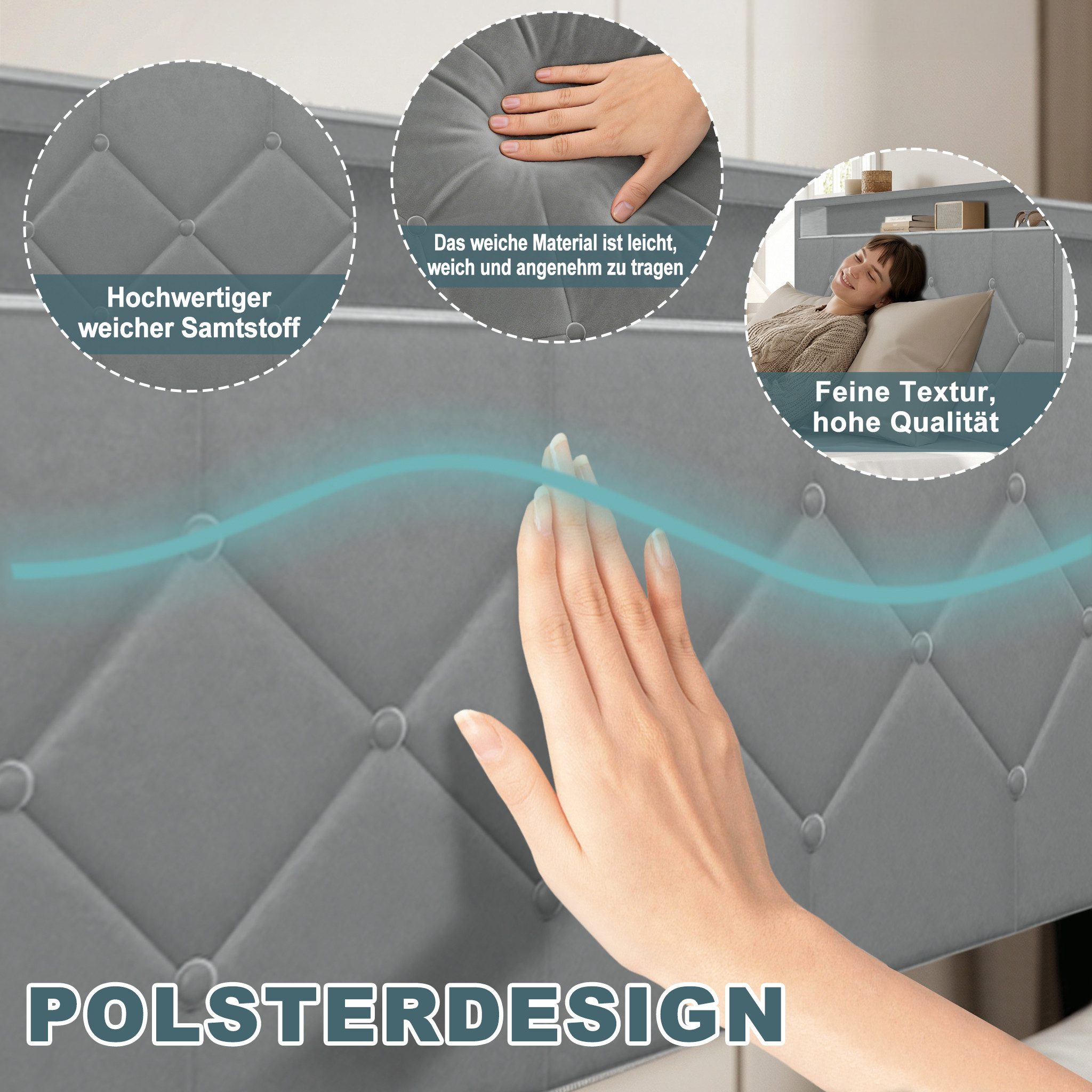 FIVMEN Polsterbett Bettgestell Samtstoff mit Stauraum und Schubladen mit Lattenrost (Mit Schubladen), für Erwachsene & Jugendliche, ohne Matratze