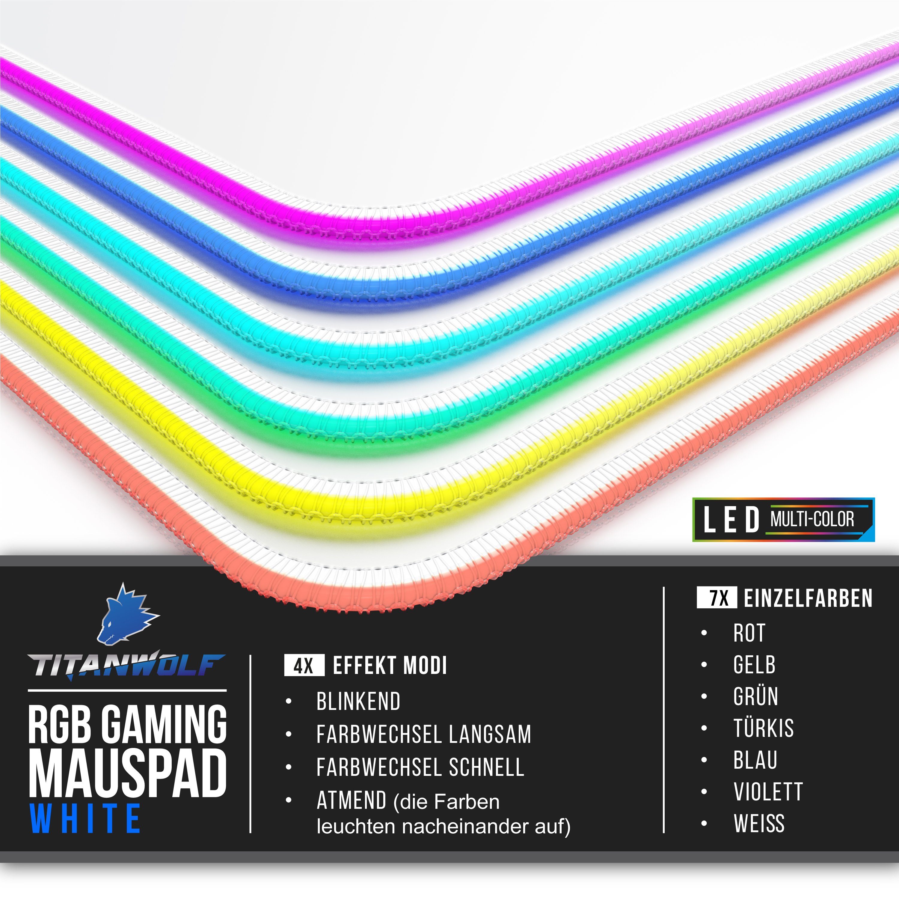 Titanwolf Gaming Mauspad RGB Mousepad 800 x 300 x 3 mm, LED Multi Color XL Tischunterlage (1-St), rutschfest, abwaschbar, Geschwindigkeit & Präzision, weiß, Gam – Bild 5 von 5