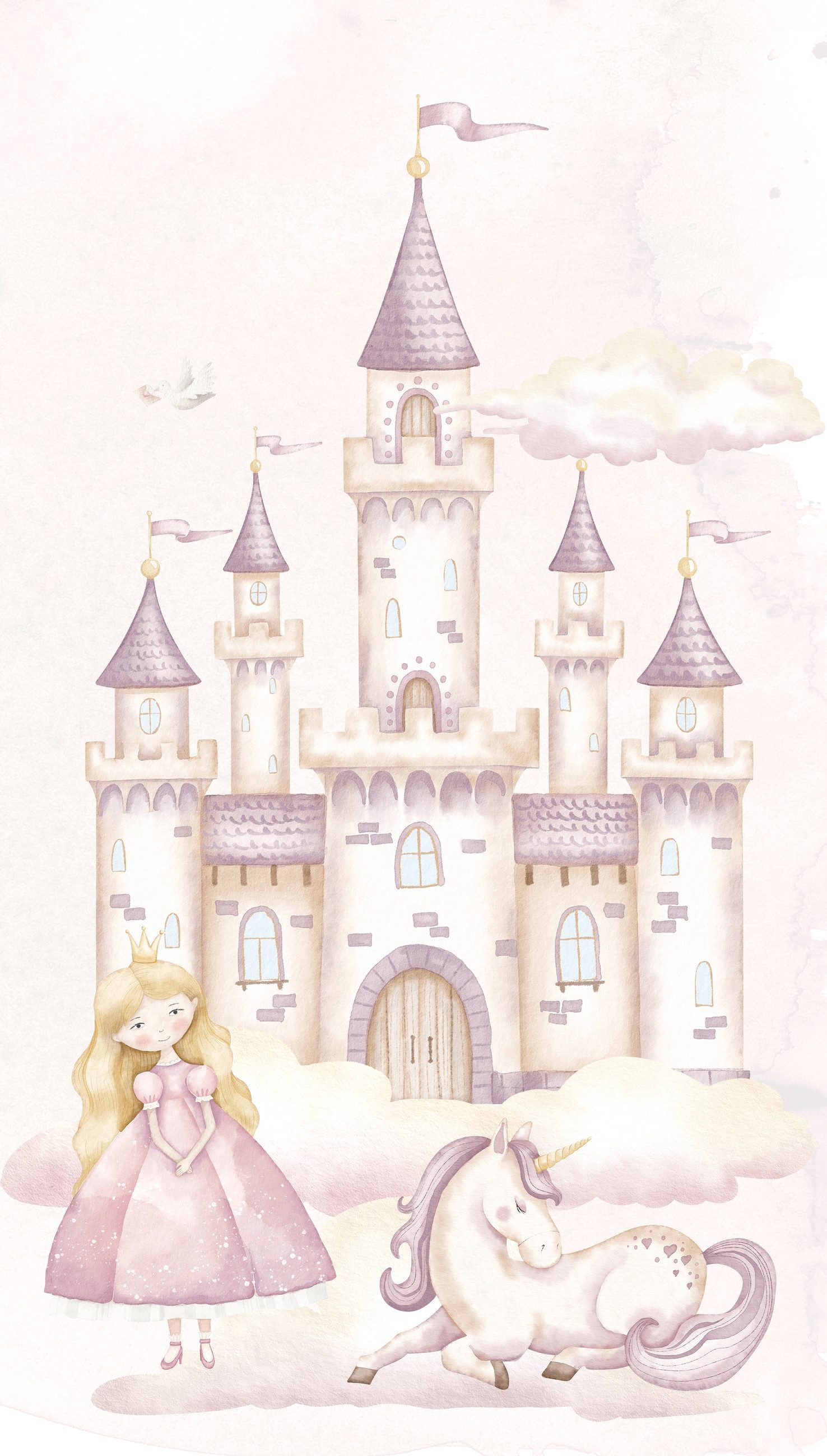 Rasch Fototapete Kinderzimmer mit Prinzessin, Schloss und Einhorn - 2,80m x 1,59m (LxB), strukturiert, gemustert, (1 Rolle, 1 St), Prinzessin