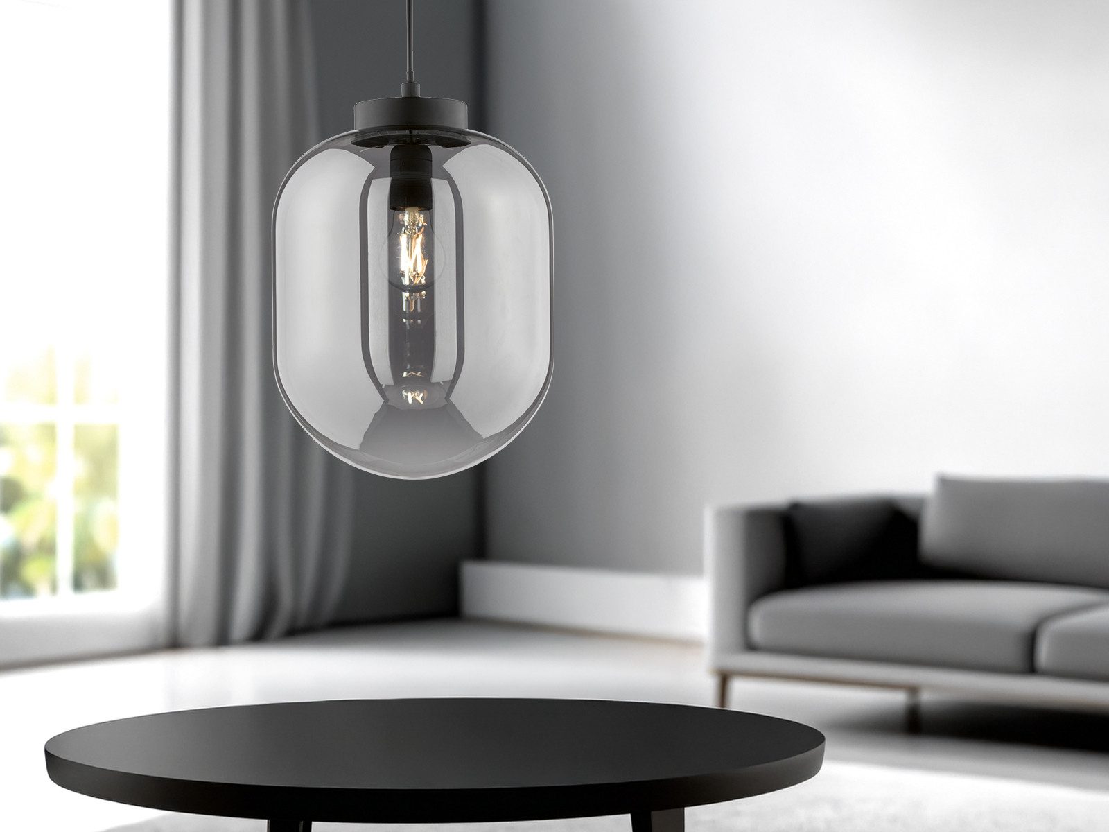 FISCHER & HONSEL LED Pendelleuchte, LED wechselbar, Warmweiß, Industrial Rauchglas Glas-Kugel einflammig Schwarz hängend Ø24cm klein