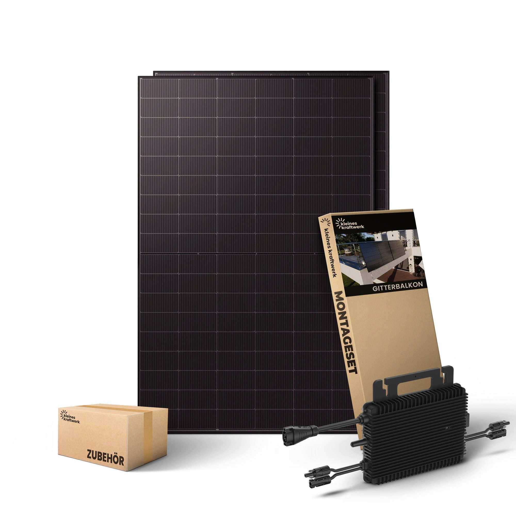 Kleines Kraftwerk Balkonkraftwerk, 1000 W, Monokristallin, (Gitterbalkon, Solaranlage Komplettset mit Wechselrichter), 2 x 500W, Wechselrichter, Stromanschlusskabel, Solarverlängerungskabel