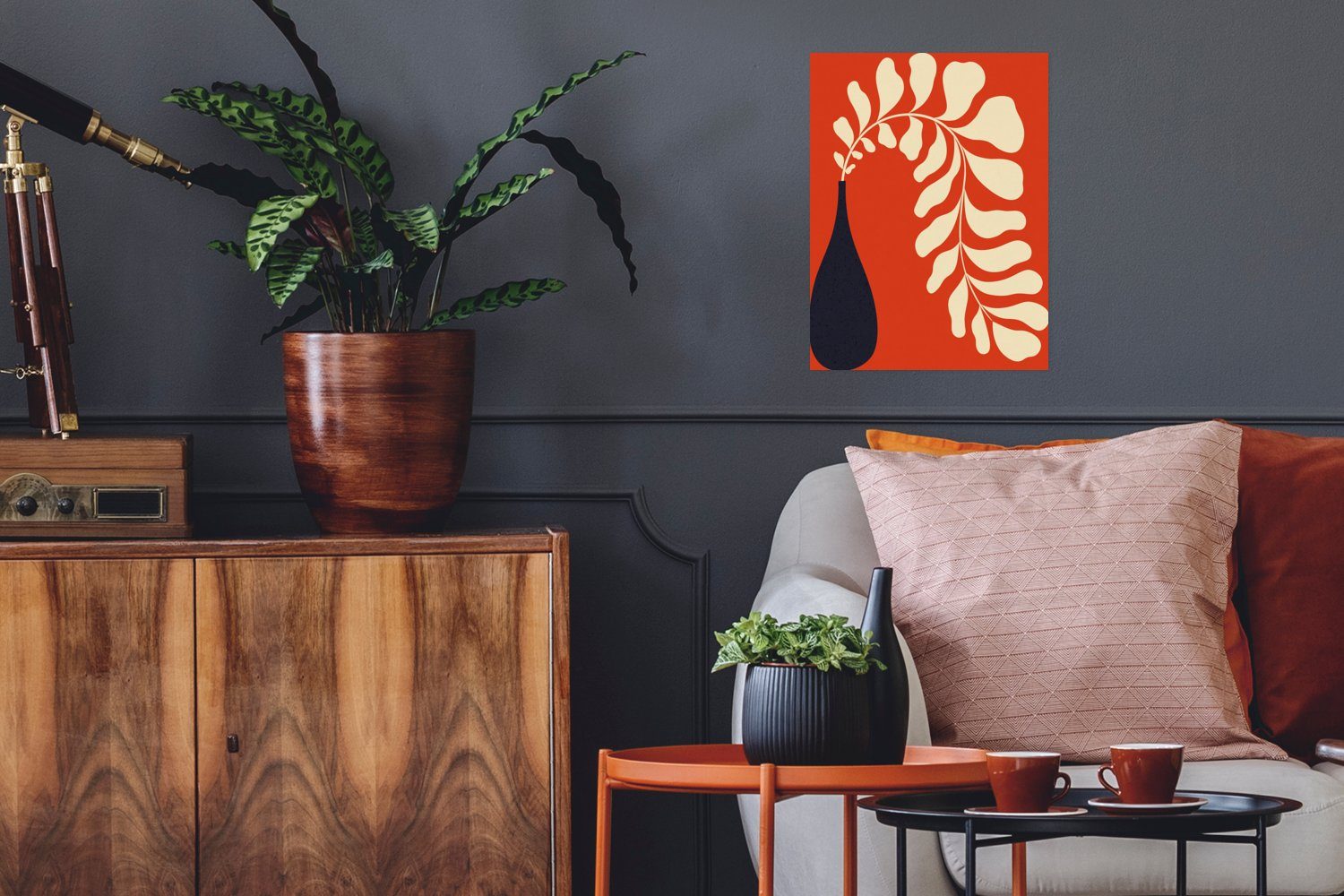 MuchoWow Poster Pflanze - Vase - Blume - Rot, (1 St), Poster, Wandbild, Wandposter für Wohnzimmer, Ohne Rahmen