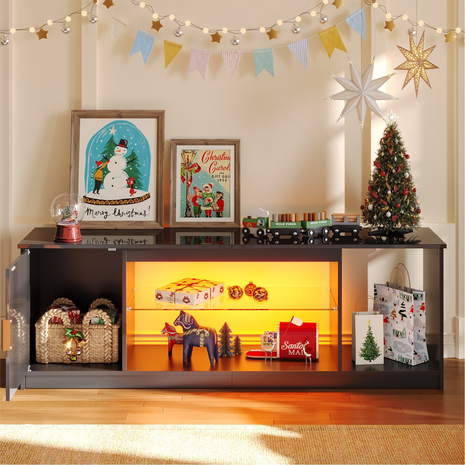 Bestier TV-Schrank Lowboard für 65 Zoll & kleinere TVs, 144.8 x 35 x 52 cm, (Fernsehschrank mit RGB-LED-Leuchten) Fernsehtisch mit verstellbaren Glasböden für Wohnzimmer, Schwarze