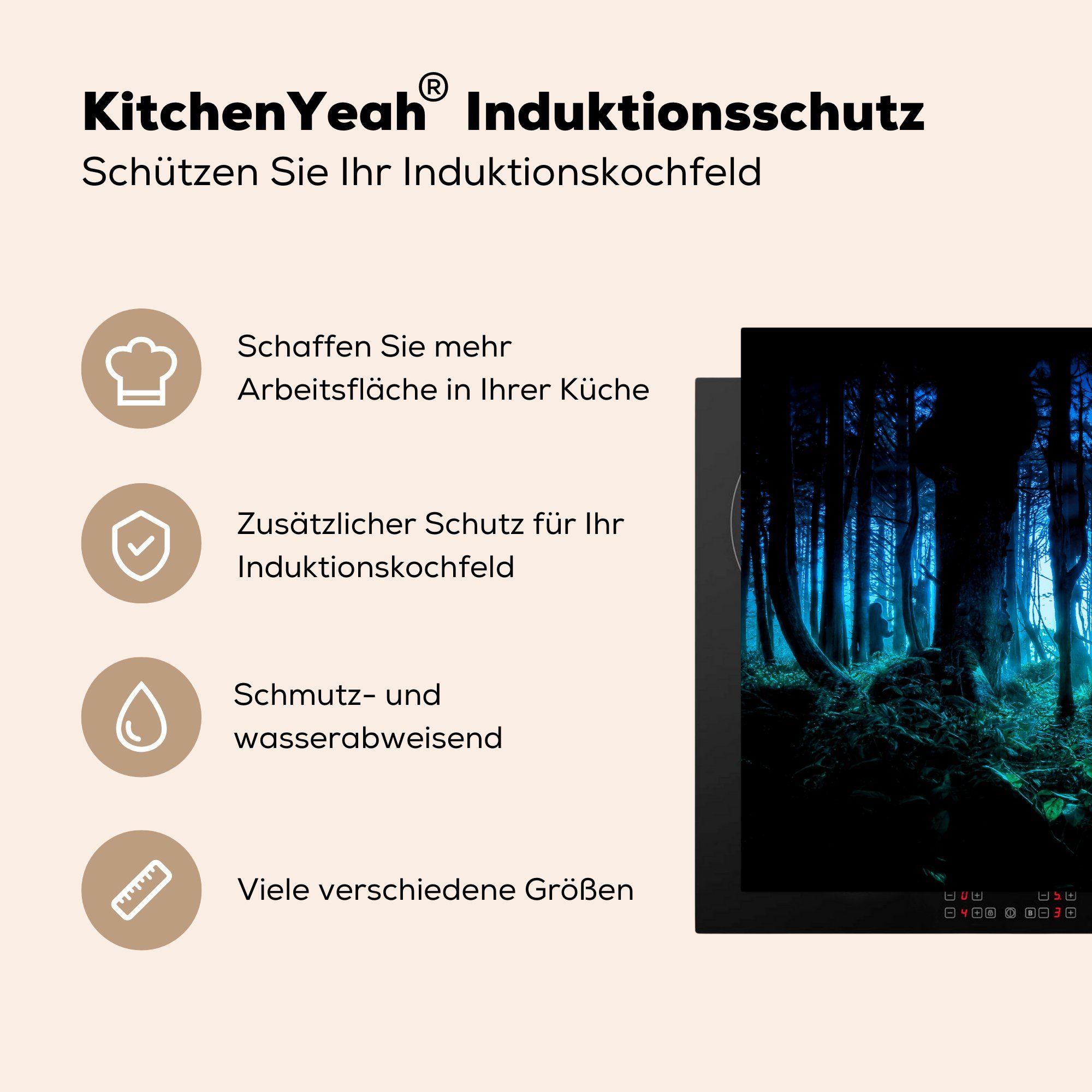 küche, cm, MuchoWow Ceranfeldabdeckung 81x52 Blauer Herdblende-/Abdeckplatte Vinyl, (1 tlg), die Schutz Induktionskochfeld Dämmerungswald, für