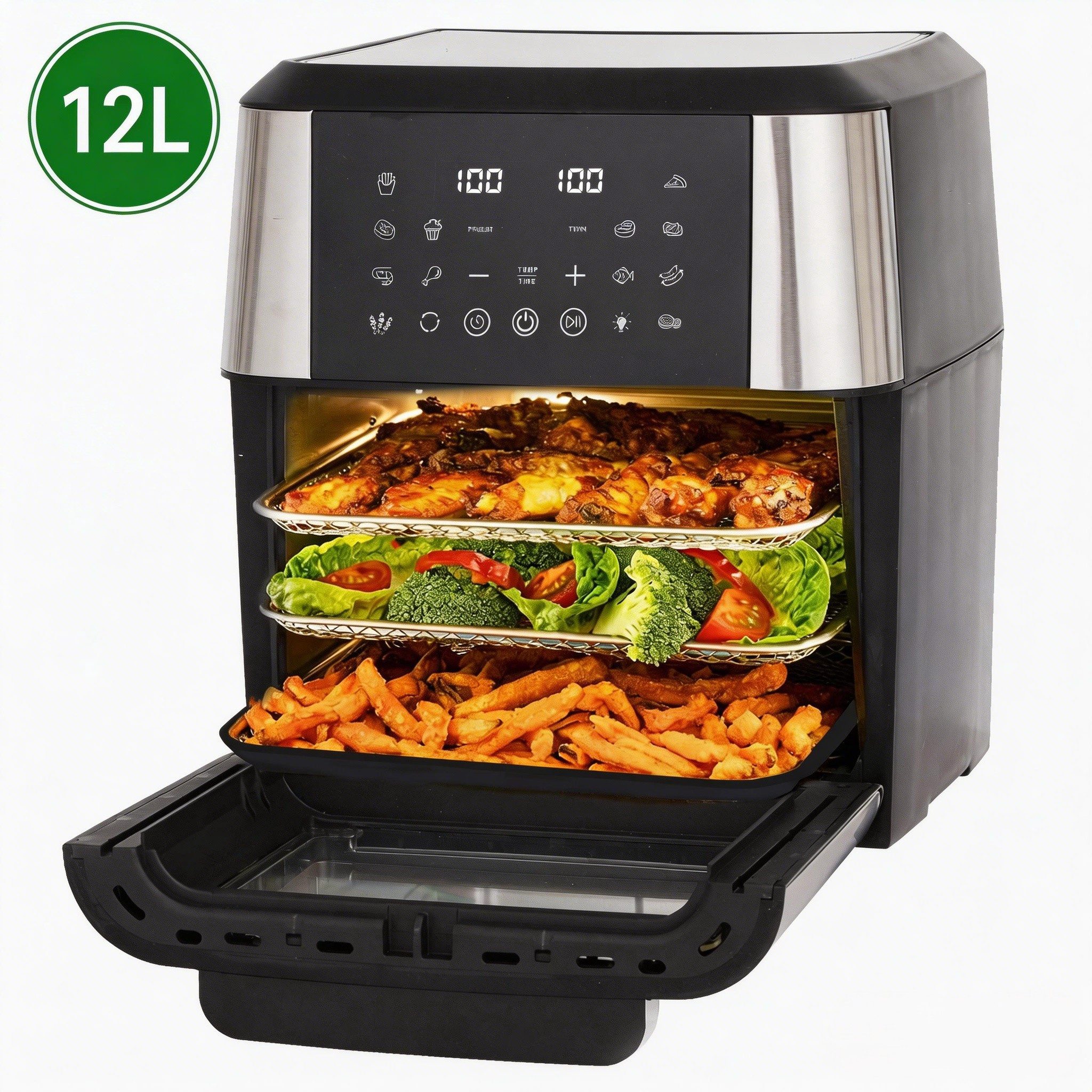 Rolipo Heißluftfritteuse 12-in-1, 12L – Multifunktionsgerät mit Dual-Tray, Rotisserie & smartem Touchdisplay, 360°Heißluftzirkulation, 1800 W, für gesundes, energiesparendes Kochen, für Ostern