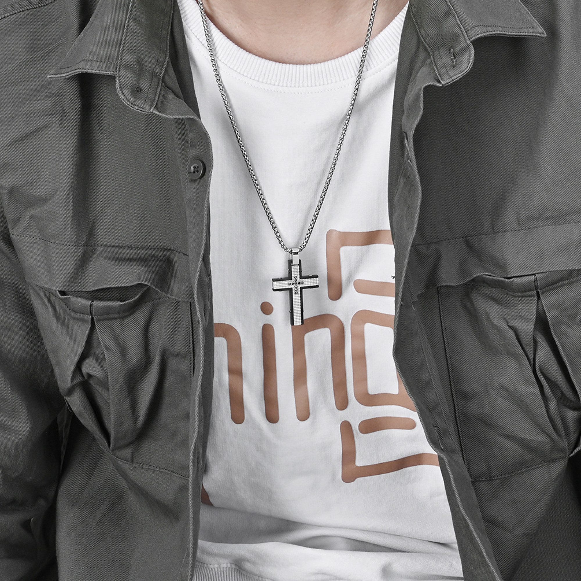 KARMA Kette mit Anhänger Halskette mit Kreuz Silber od. Schwarz Herren Edel günstig online kaufen