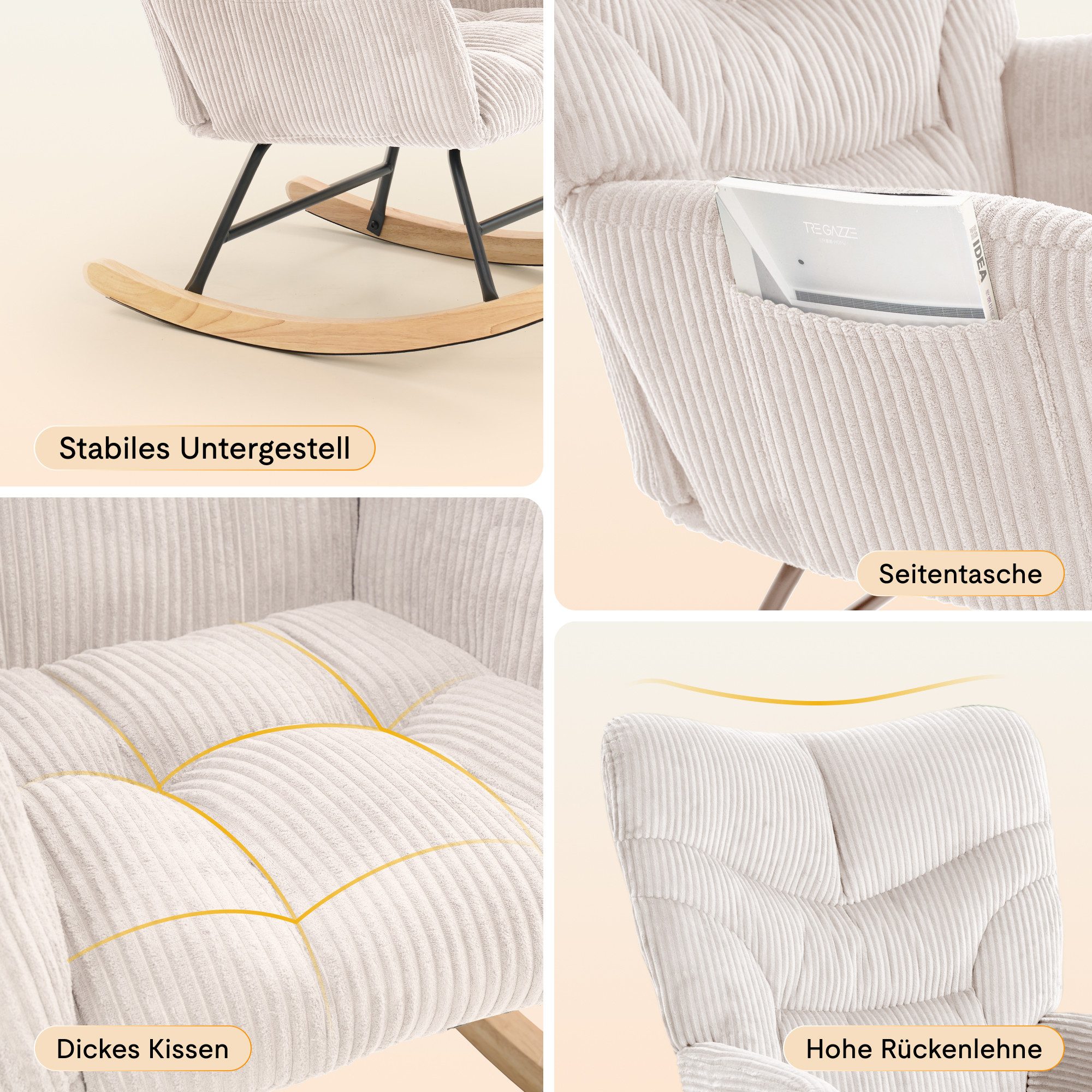 FLEXISPOT Schaukelstuhl mit Hoher Rückenlehne & Fußstütze, Relaxsessel, Schaukelsessel (Moderner Schwingsessel mit Holzkufen, mit Seitentasche), Gepolsterter Re – Bild 5 von 5