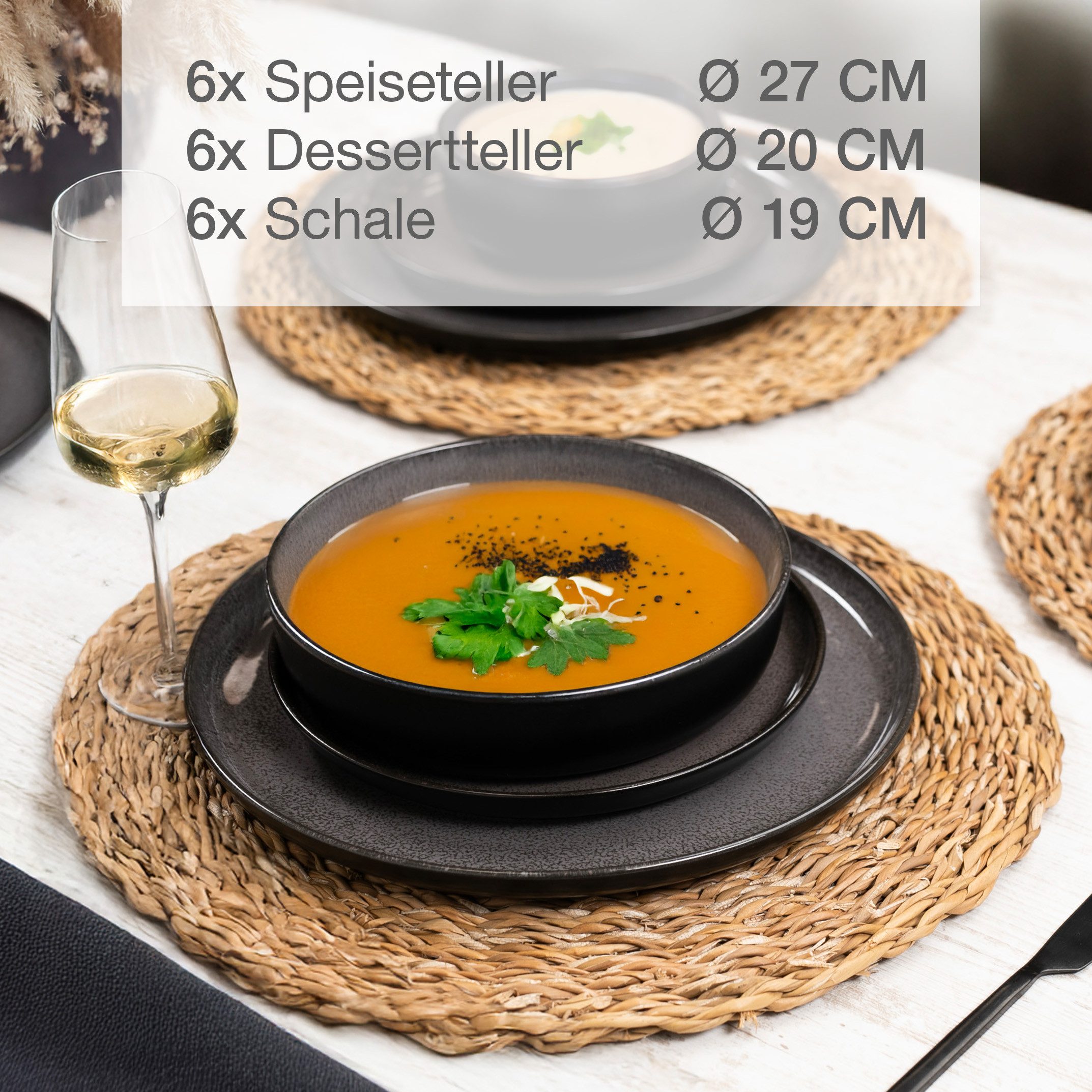 Moritz & Moritz Tafelservice VIDA Geschirrset für 6 Personen Anthrazit (18-tlg), 6 Personen, Porzellan, Kombigeschirr für 6 Personen
