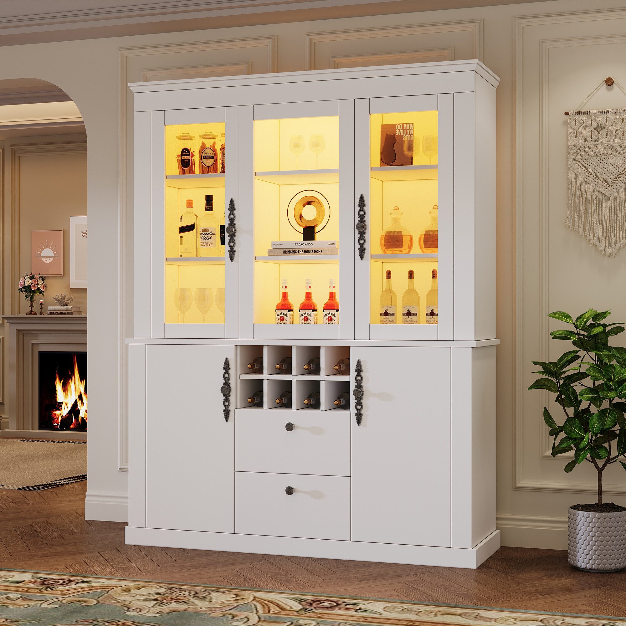 OKWISH Vitrine Sideboard 130x37,5x170,5 cm mit 2 Schubladen, 4 Türen, LED ( günstig online kaufen