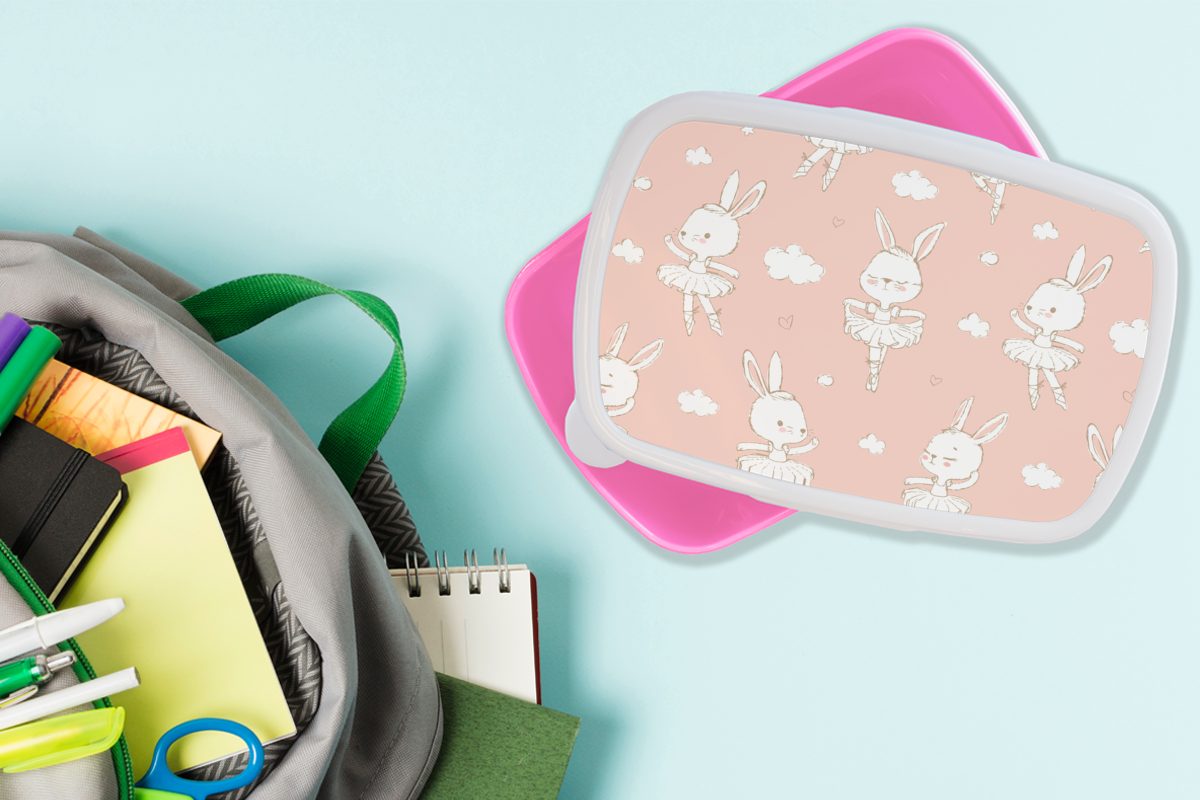 Kunststoff, Mädchen, Lunchbox Kaninchen - (2-tlg), Ballerina Kinder, für - rosa Brotdose Schnittmuster, Snackbox, MuchoWow Brotbox Erwachsene, Kunststoff