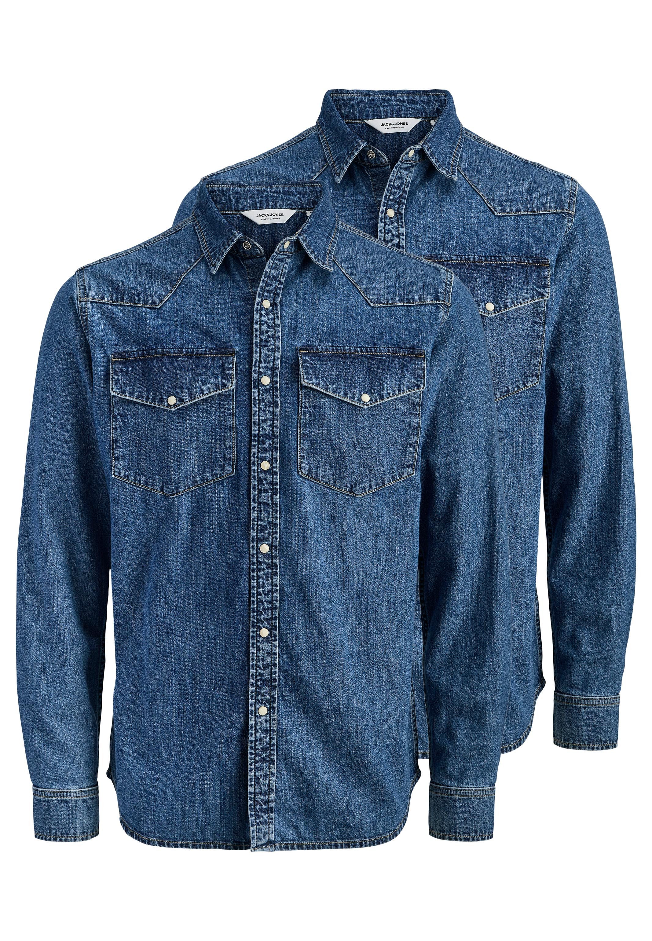 Jack & Jones Jeanshemd 2er Pack Western (Spar-Set, 2-tlg) Jeanshemd - Baumwolle - Atmungsaktiv - Praktische Druckknöpfe