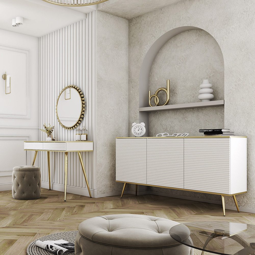 Lomadox Wohnzimmer-Set OLOVO-160, (Mega-Spar-Set, 2-St., Schminktisch), Weiß, Rillenfront, goldenen Highlights und Füße, Push-to-open