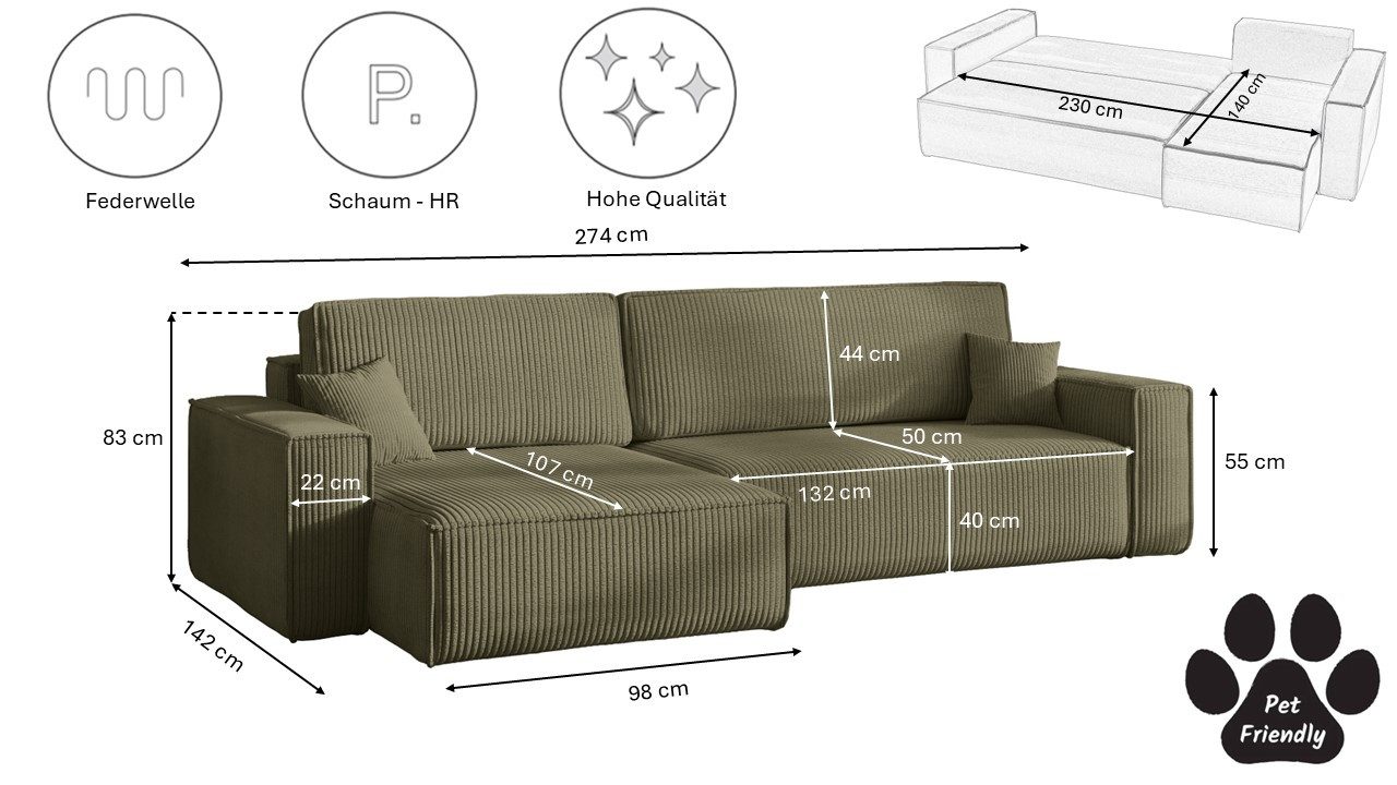 Kaiser Möbel Ecksofa mit schlaffunktion und bettkasten, BEST XL stoff Poso, Quelle, Verita, Mit Bettfunktion und Bettzeugfach