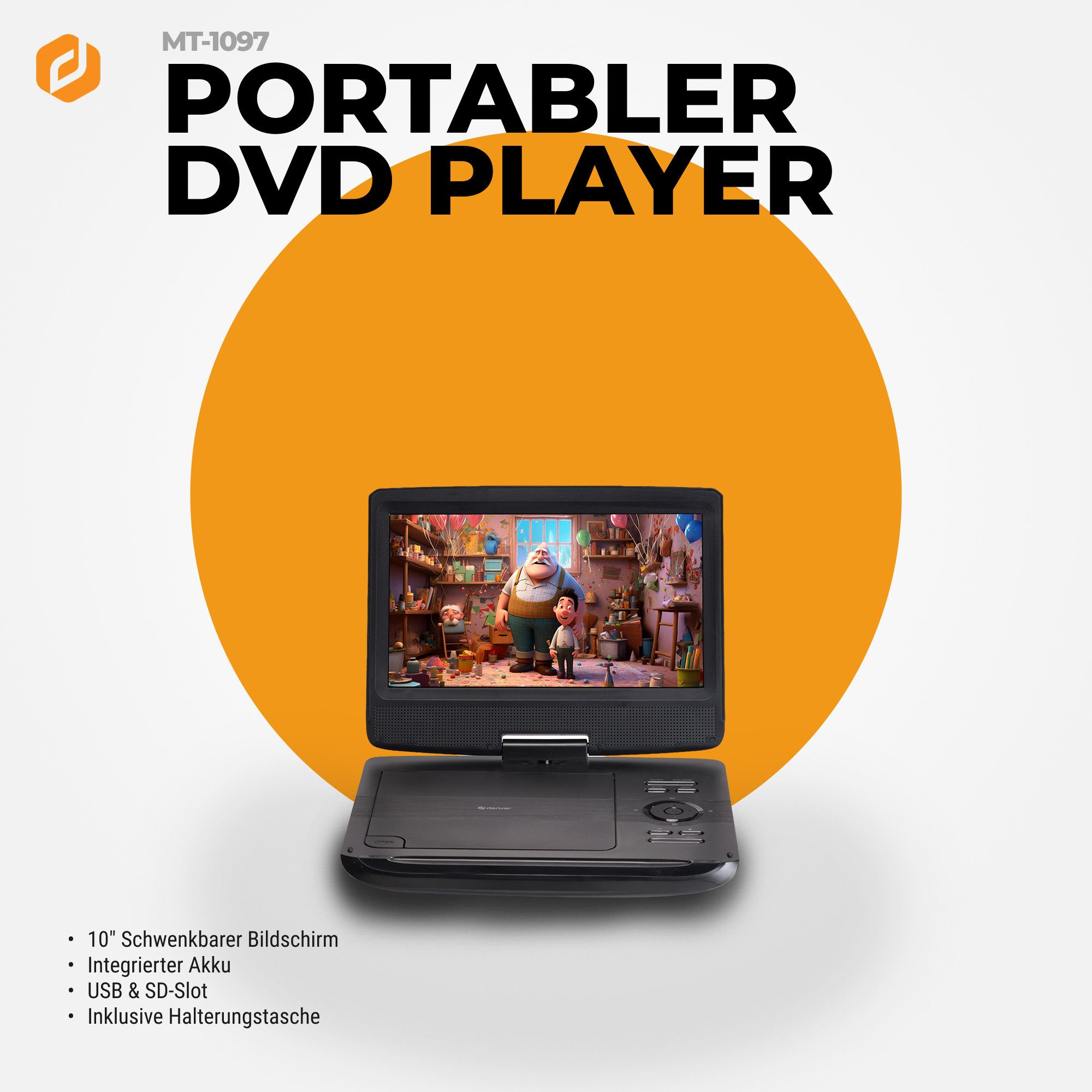Denver MT-1097 Portabler DVD-Player (SD, Tragbar, mit Auto- Adapter, Köpfhöreranschluss, Tragbar, mit Auto- Adapter, Köpfhöreranschluss)