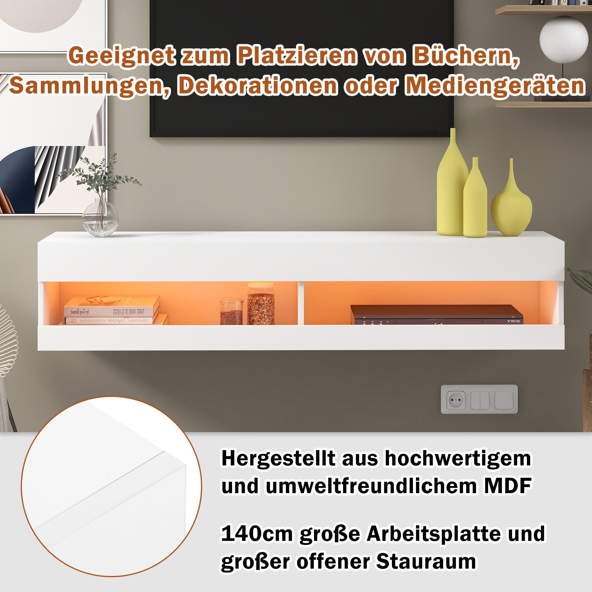 Lowboard, TV-Schrank mit LED-Belechtung, Breite 140 cm, stehend und hängend