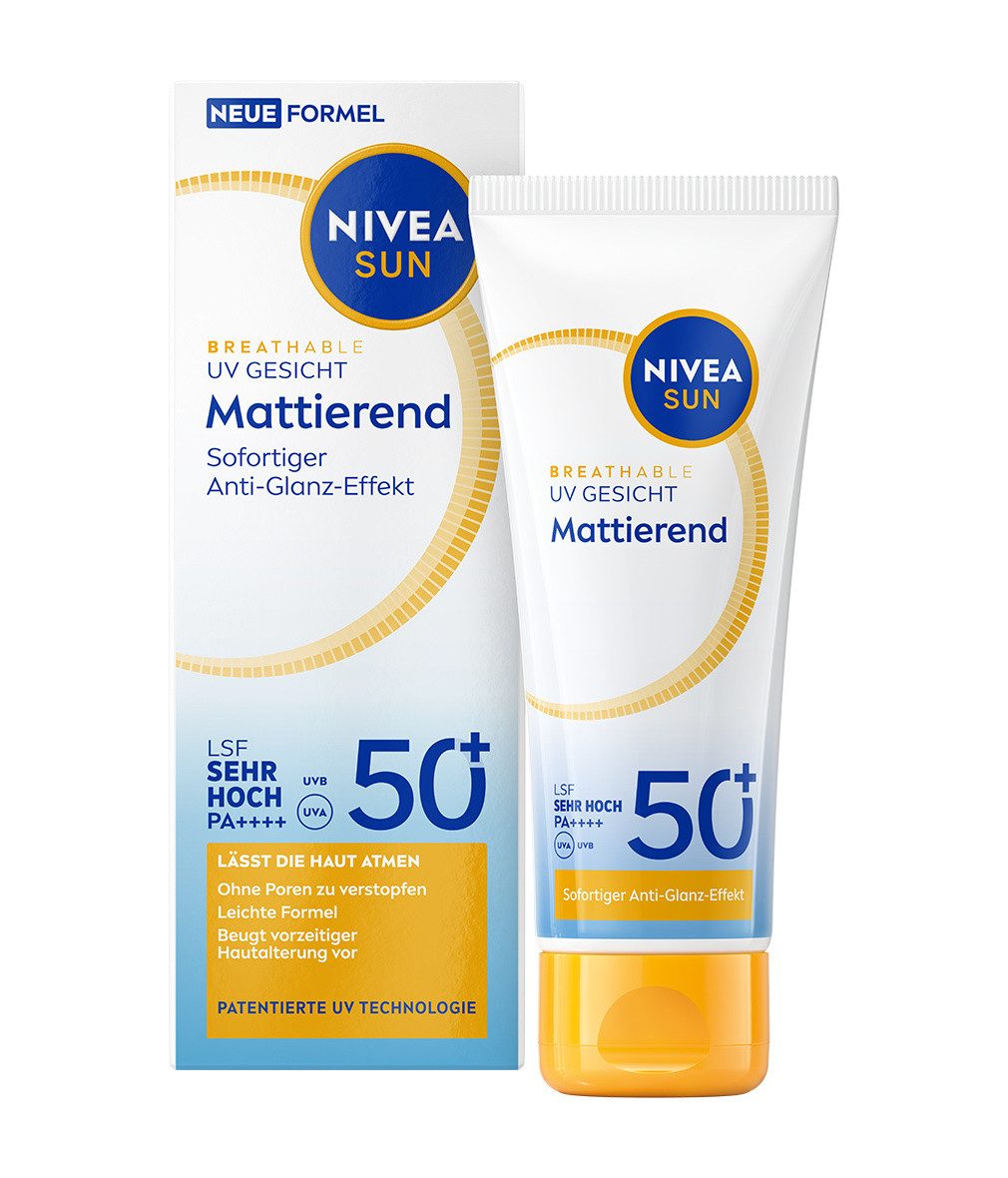 Nivea Sun Sonnenschutzpflege UV Gesicht Mattierend LSF 50+ 40ml 12h+ Anti-Glanz-Effekt atmungsaktiv, 1-tlg., leichte Textur und hinterlässt 0% fettiges Hautgefühl.